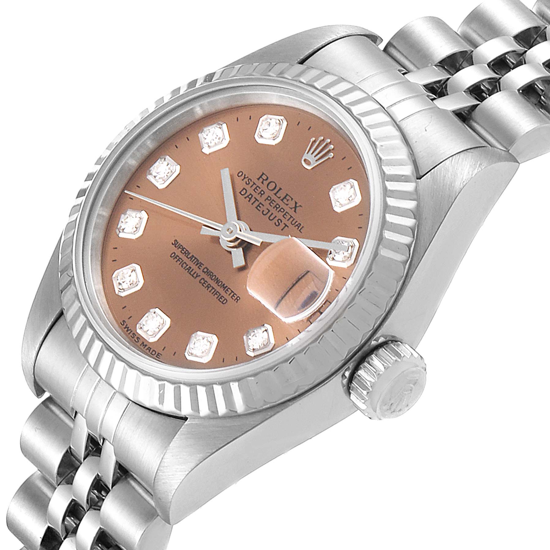 The image shows a Rolex Datejust 69174 Women's Stainless Steel Pink Dial 69174 Women's Stainless Steel Pink Dial watch from a slight side angle, highlighting the dial, bezel, bracelet, and crown.