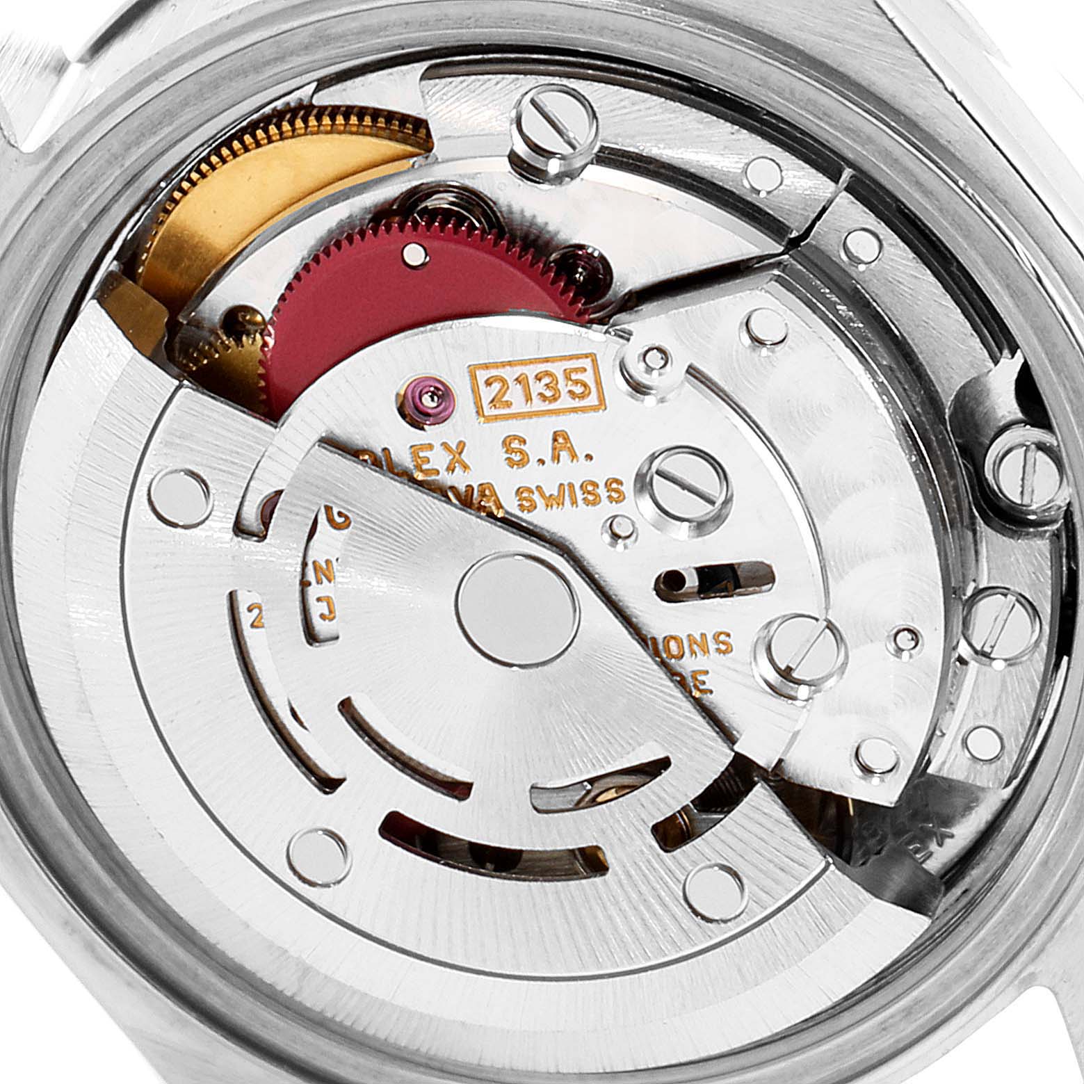 The image shows a close-up view of the movement and internal mechanisms of a Rolex Datejust 69174 Women's Stainless Steel Pink Dial 69174 Women's Stainless Steel Pink Dial watch.