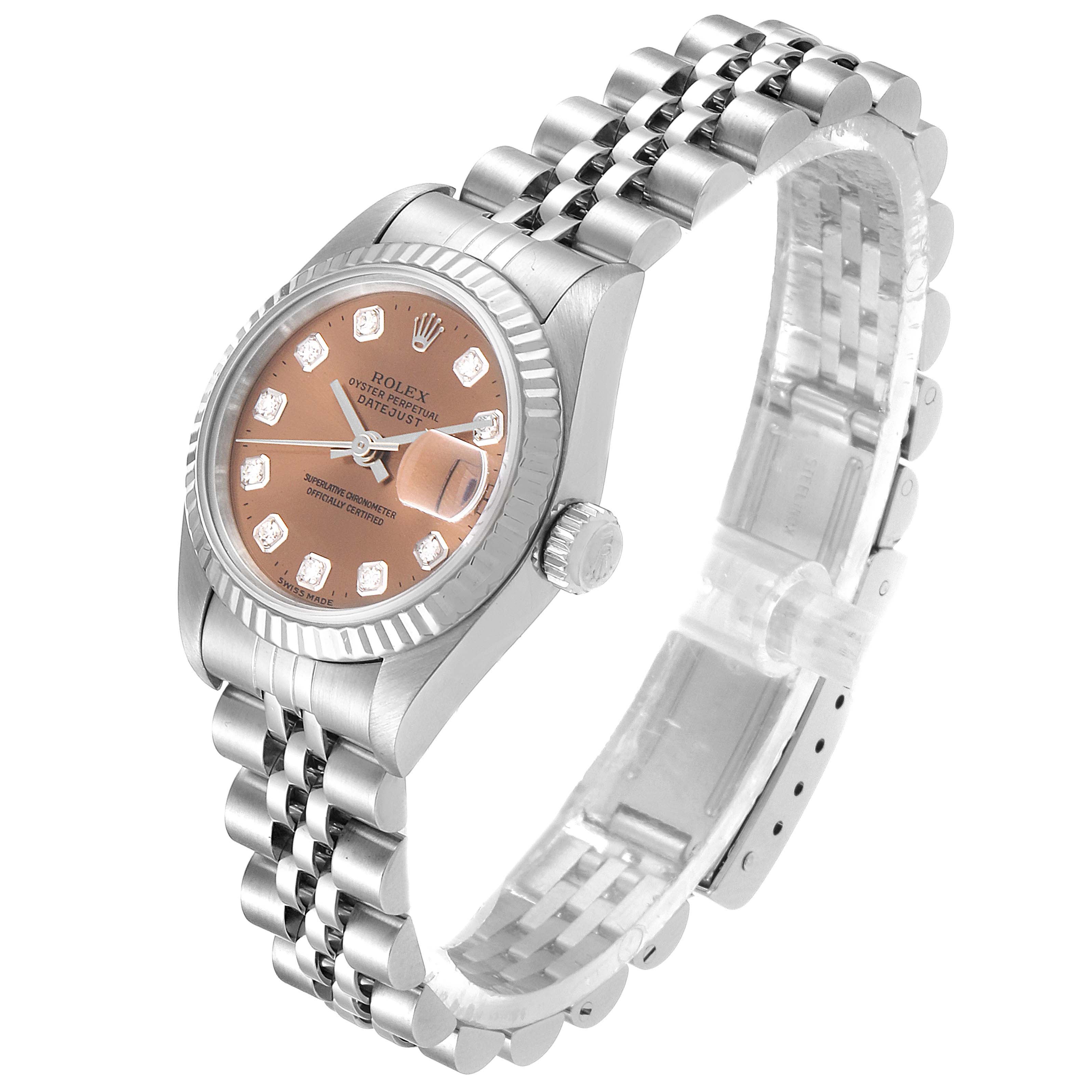 This image shows a Rolex Datejust 69174 Women's Stainless Steel Pink Dial 69174 Women's Stainless Steel Pink Dial watch at a three-quarter view, highlighting the face, bezel, crown, and Jubilee bracelet.