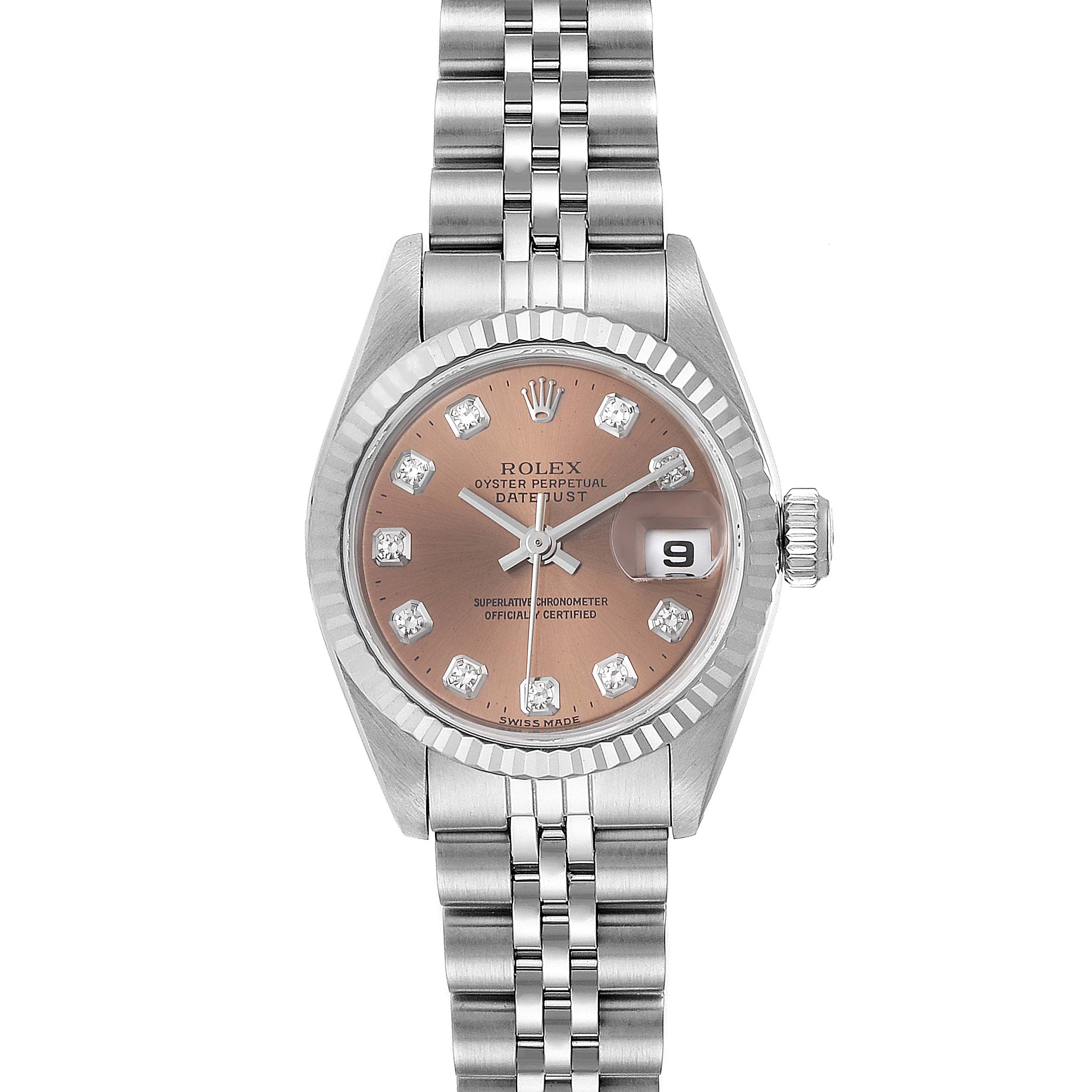 This image shows a front view of a Rolex Datejust 69174 Women's Stainless Steel Pink Dial 69174 Women's Stainless Steel Pink Dial watch with a pink dial and diamond hour markers.