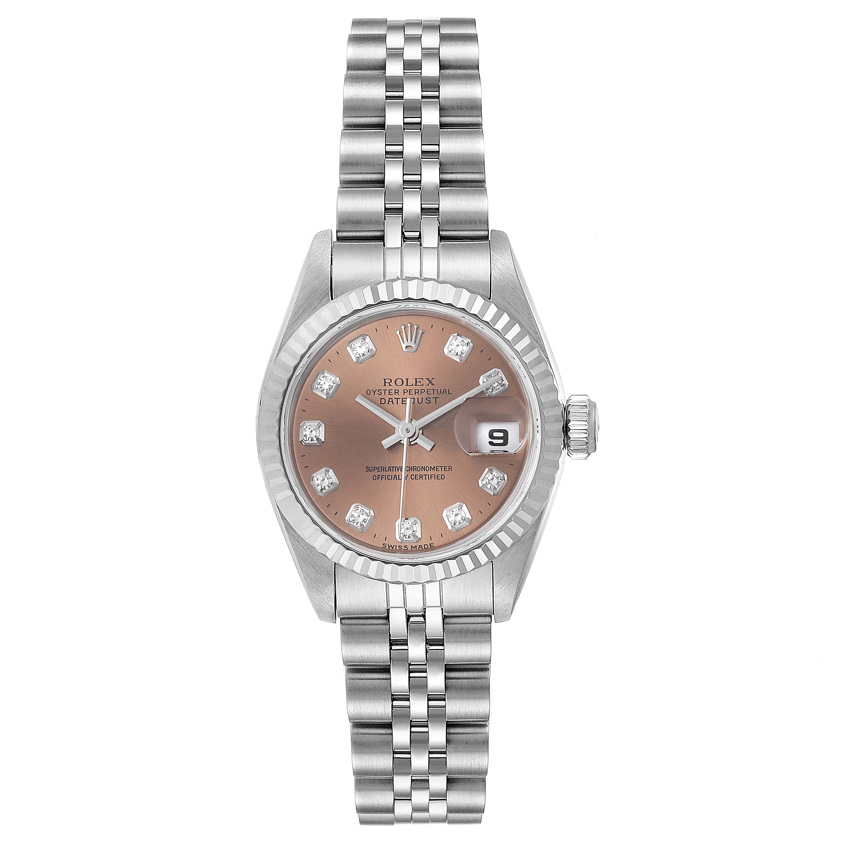 This image shows a Rolex Datejust 69174 Women's Stainless Steel Pink Dial 69174 Women's Stainless Steel Pink Dial watch from a front angle, highlighting its face, dial, bezel, and bracelet.