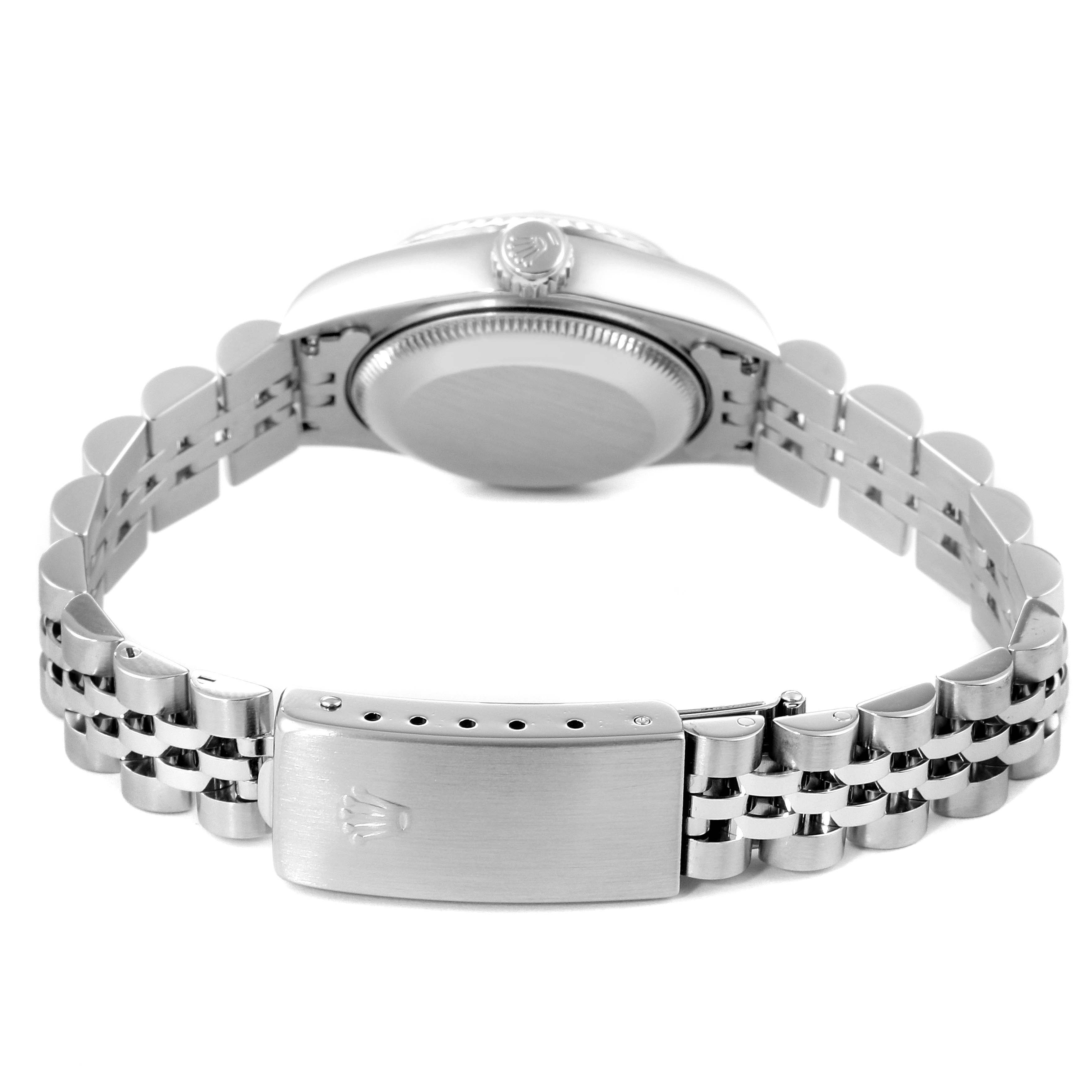 The image displays the back view of the Rolex Datejust 69174 Women's Stainless Steel Pink Dial 69174 Women's Stainless Steel Pink Dial watch, showcasing its clasp, bracelet, and case back.