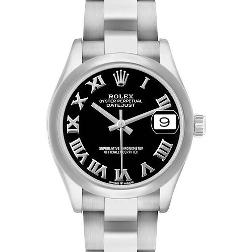 The image shows a front view of the Rolex Datejust Mid-Size watch, featuring its black dial, Roman numerals, and metal bracelet.