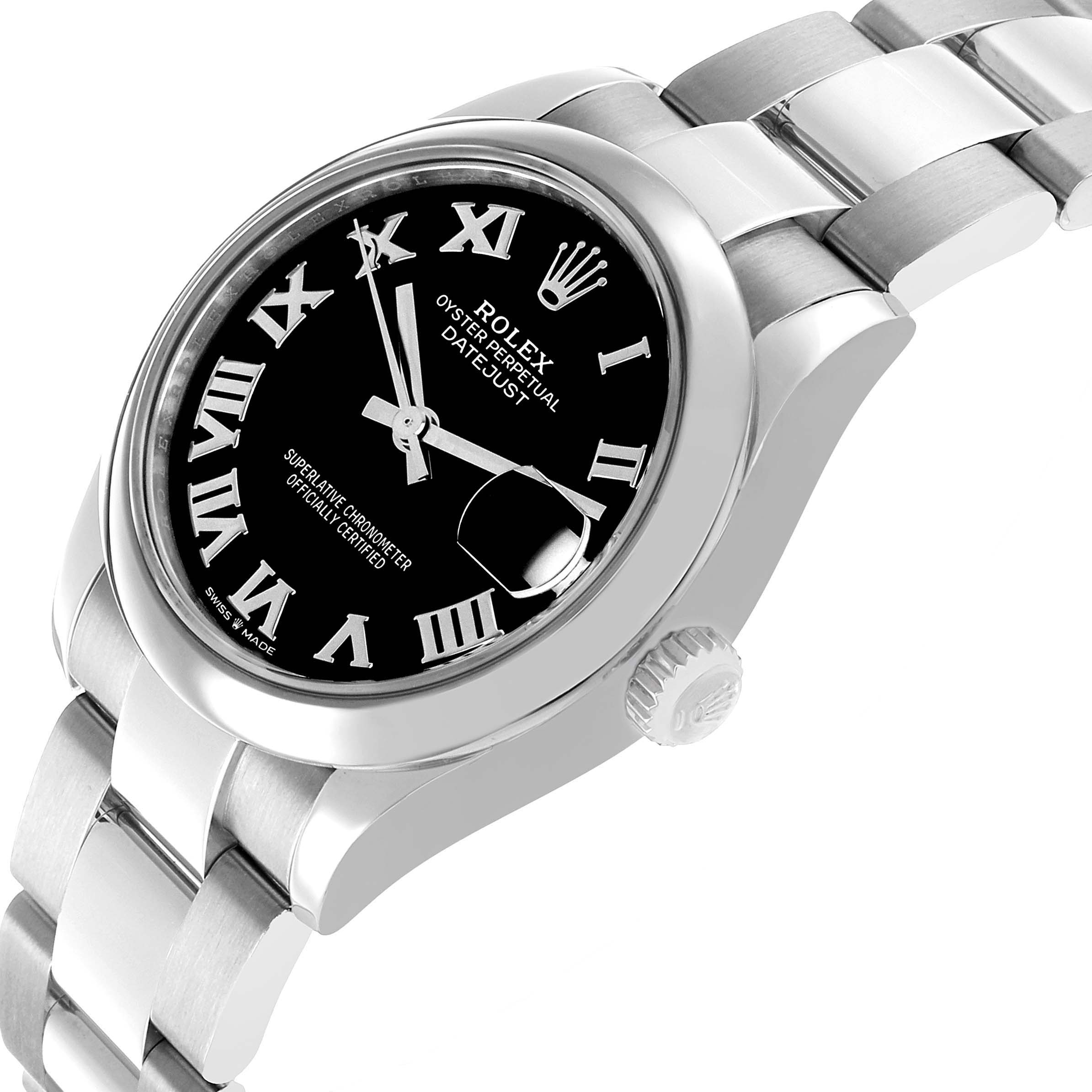 The Rolex Mid-Size 278240 Women's Stainless Steel Black Dial watch is shown at an angle highlighting the black dial, Roman numerals, bezel, crown, and bracelet.