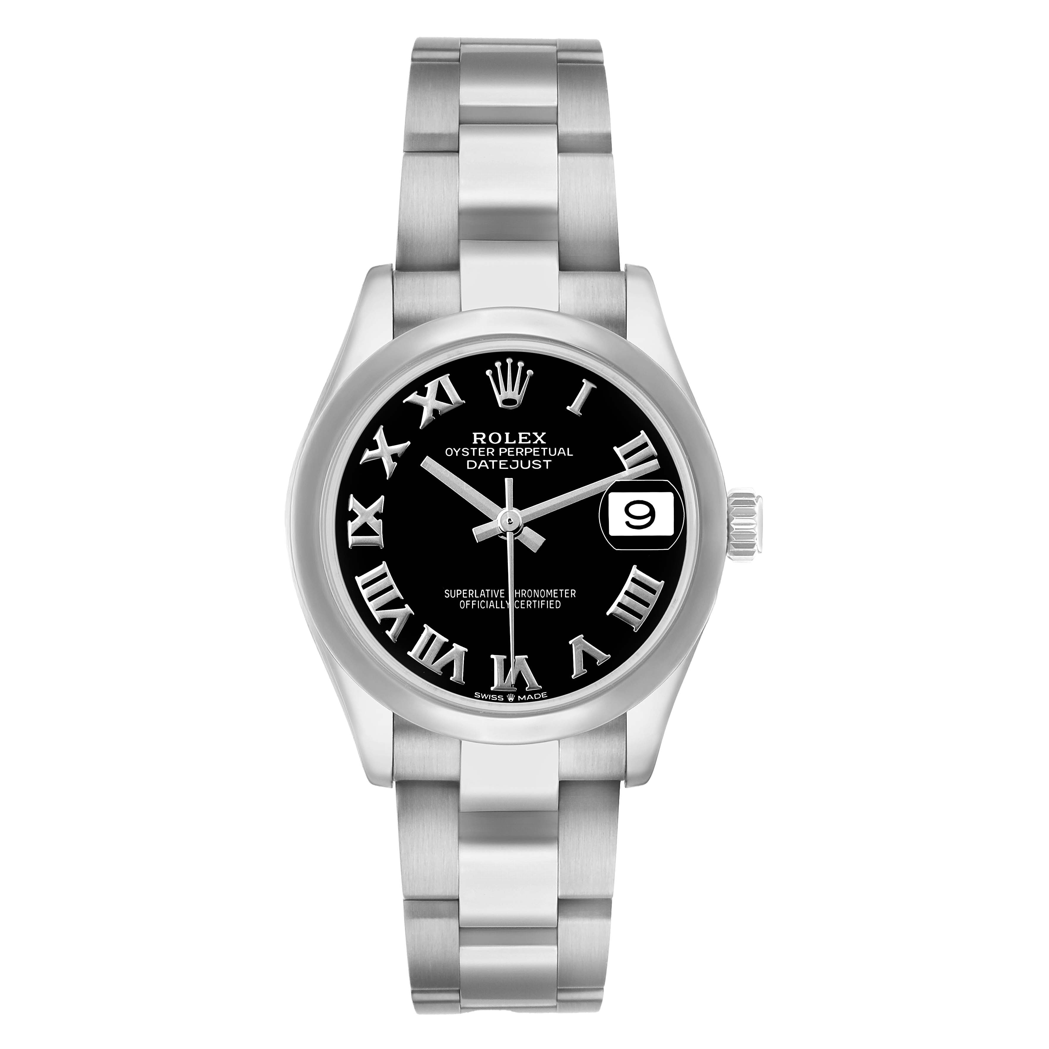 The Rolex Datejust Mid-Size is shown from a top view, displaying the dial, bracelet, case, and cyclops lens.