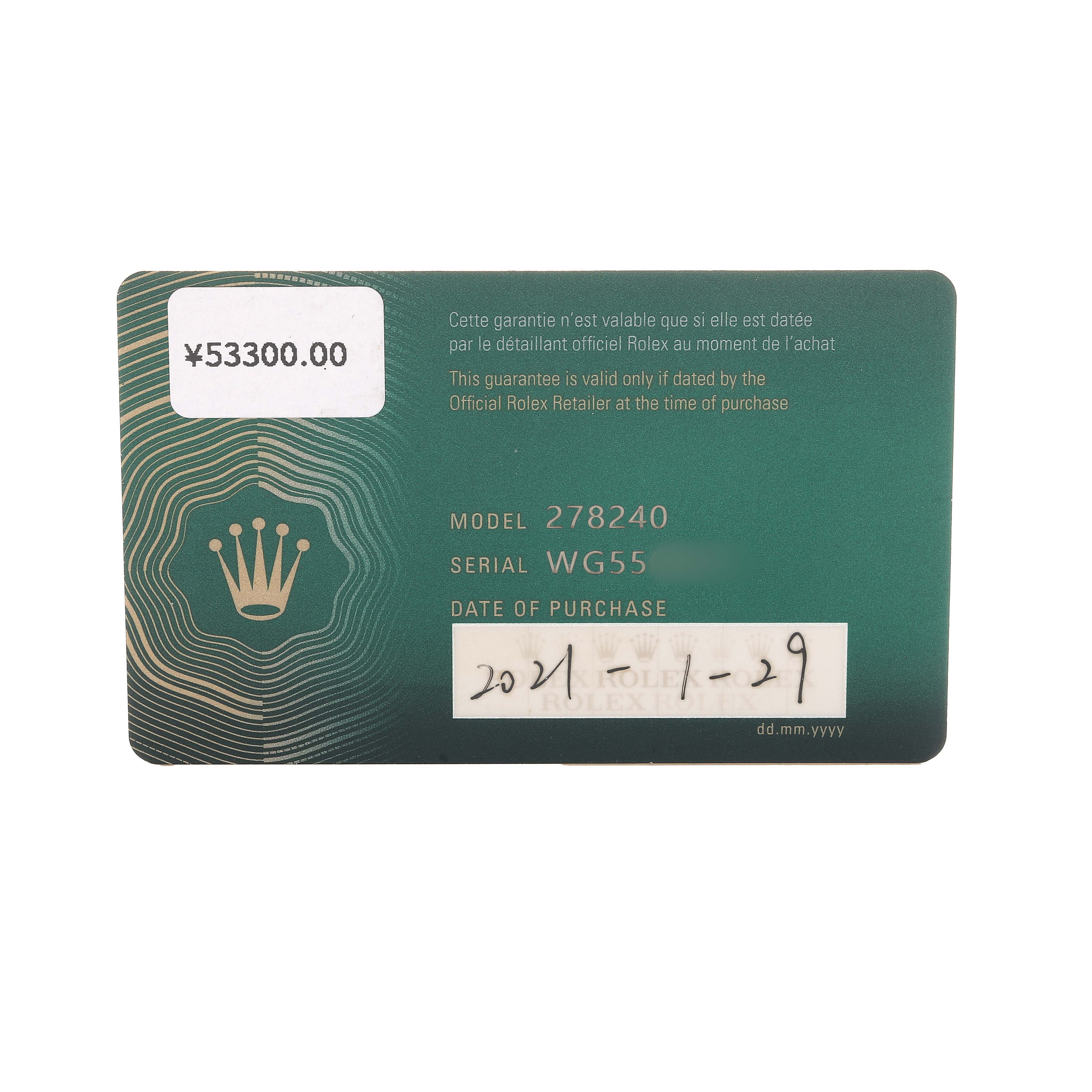 The image shows a Rolex warranty card for the Mid-Size model 278240, displaying model, serial number, and purchase date.