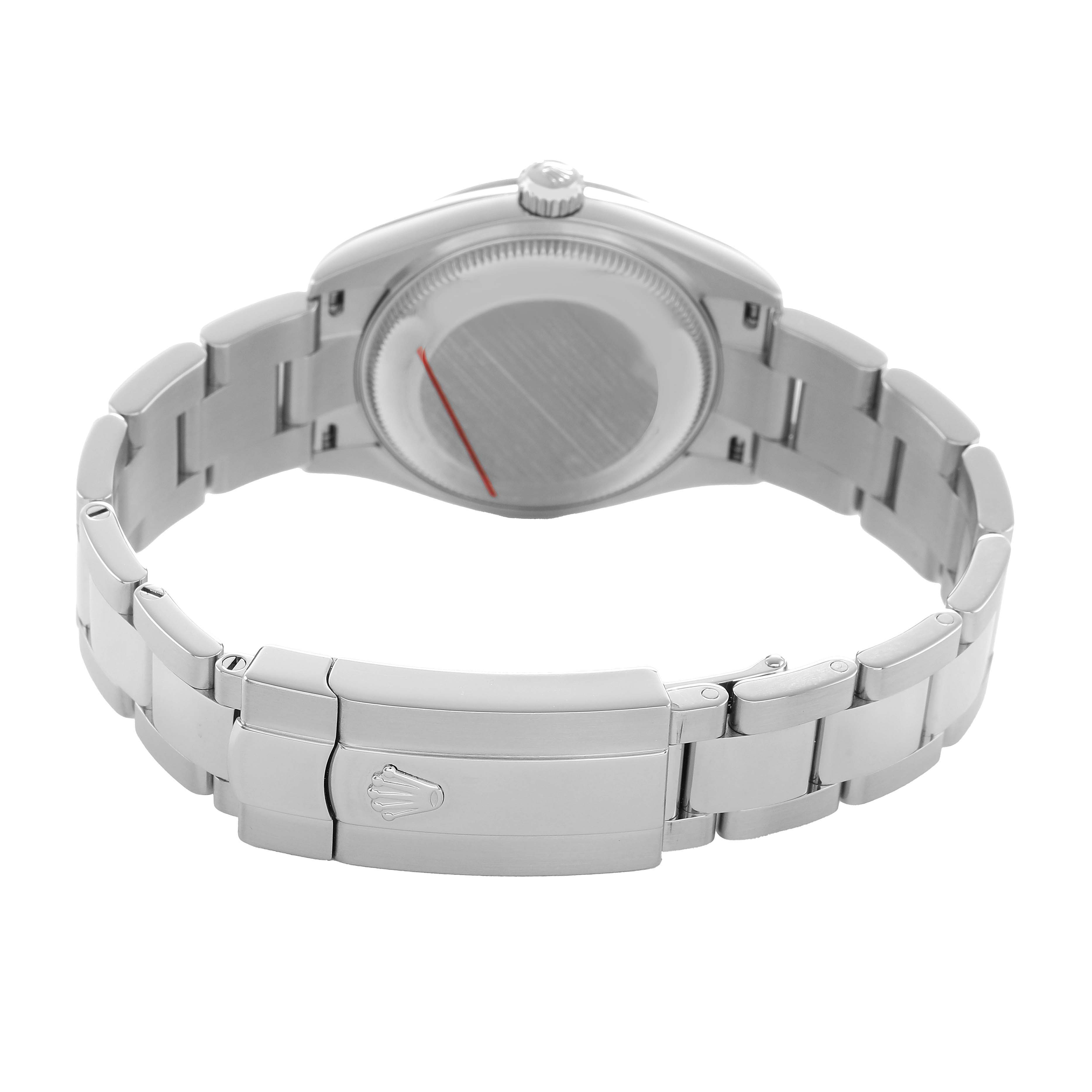 The image shows the back view of a Rolex Mid-Size 278240 Women's Stainless Steel Black Dial watch, highlighting the case back and clasp on the metal bracelet.