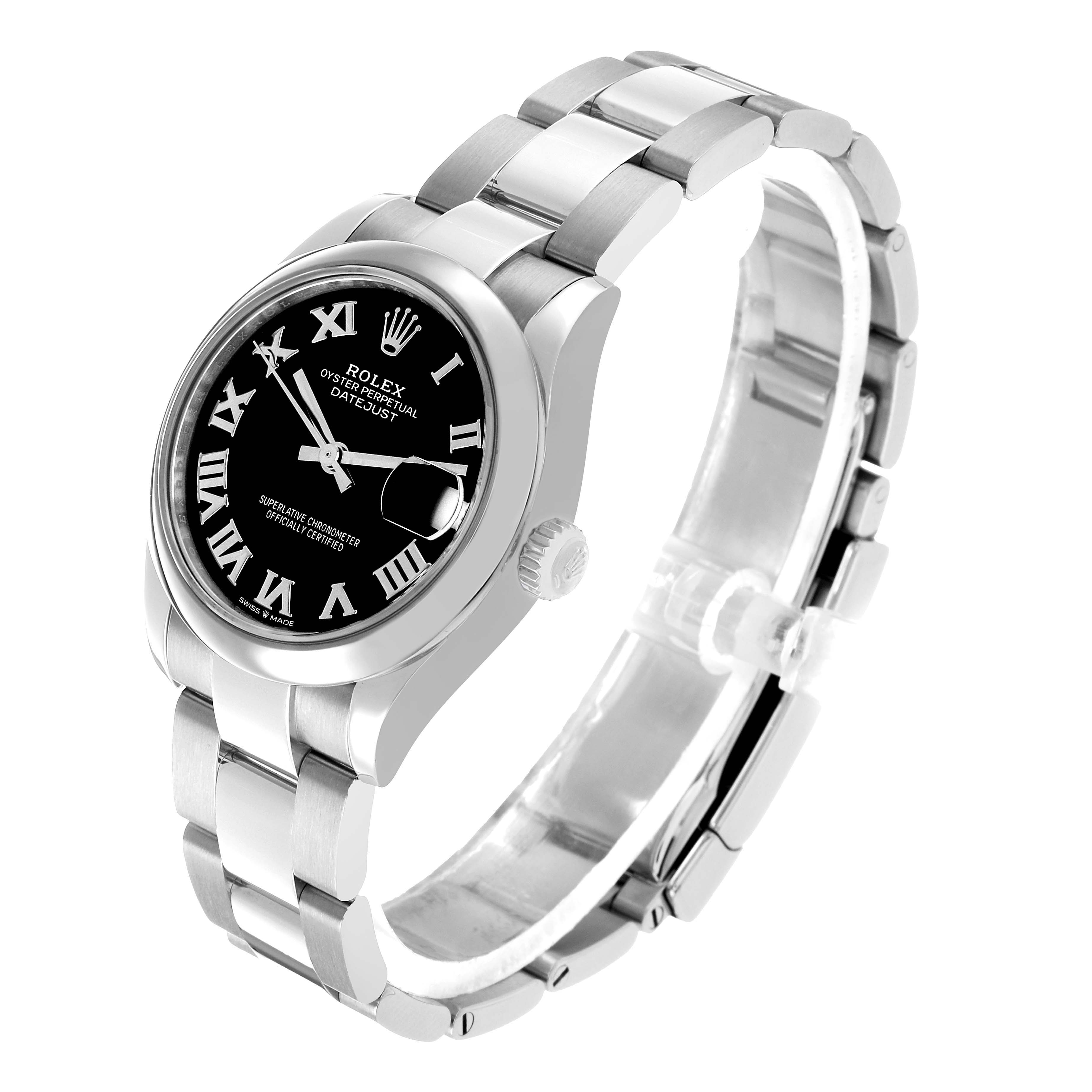 The Rolex Mid-Size 278240 Women's Stainless Steel Black Dial watch is shown at a three-quarter angle, highlighting the dial, bracelet, and crown.