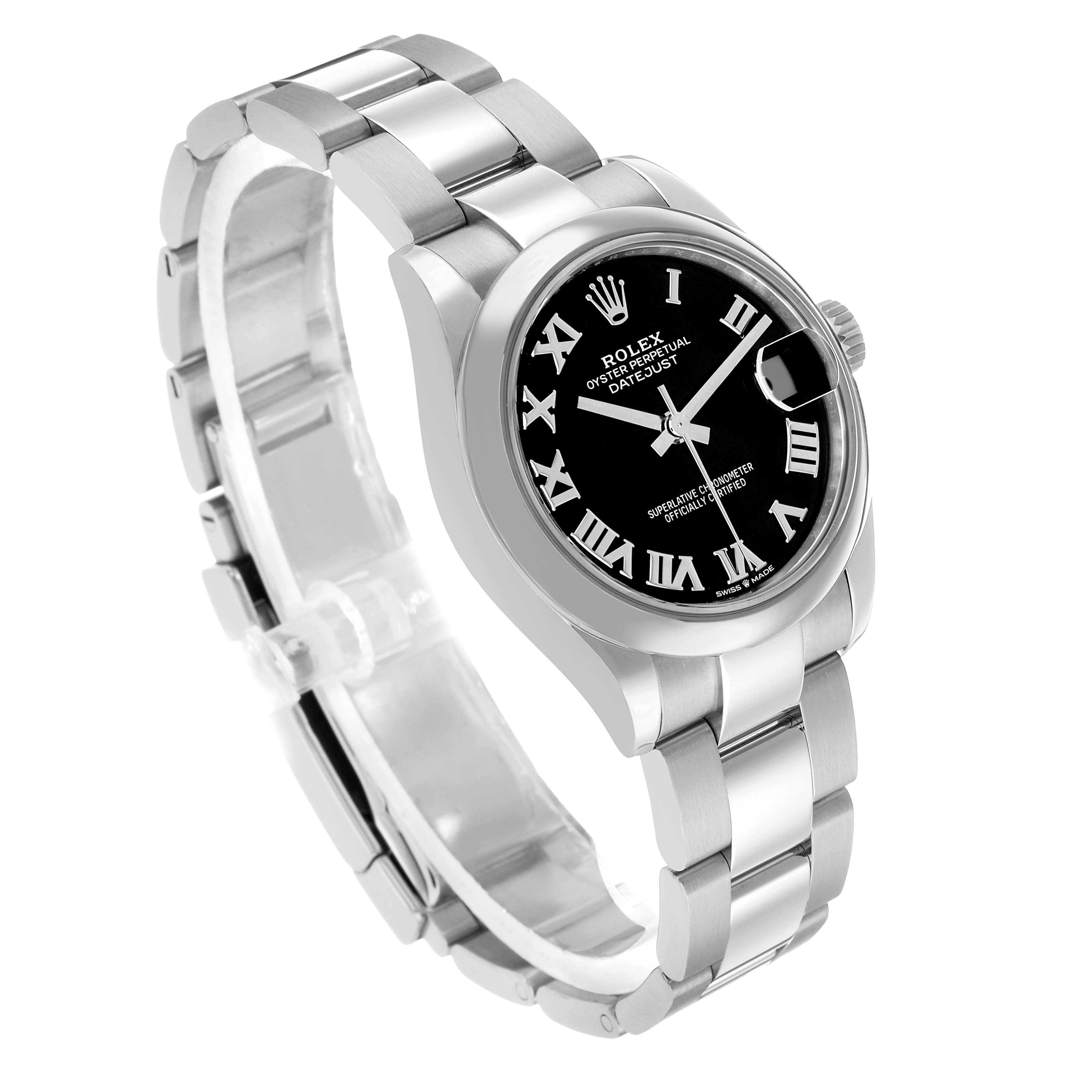 The Rolex Mid-Size 278240 Women's Stainless Steel Black Dial watch is shown at a three-quarter angle, displaying the face, bracelet, and crown.