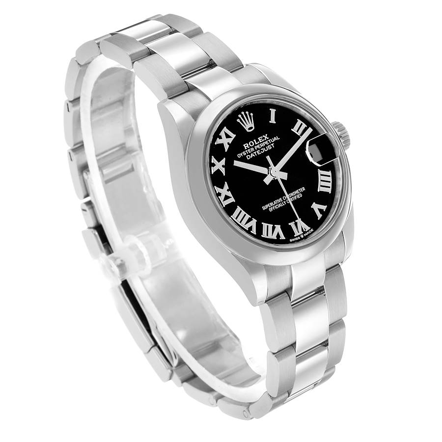 The Rolex Mid-Size 278240 Women's Stainless Steel Black Dial watch is shown at a three-quarter angle, displaying the face, bracelet, and crown.