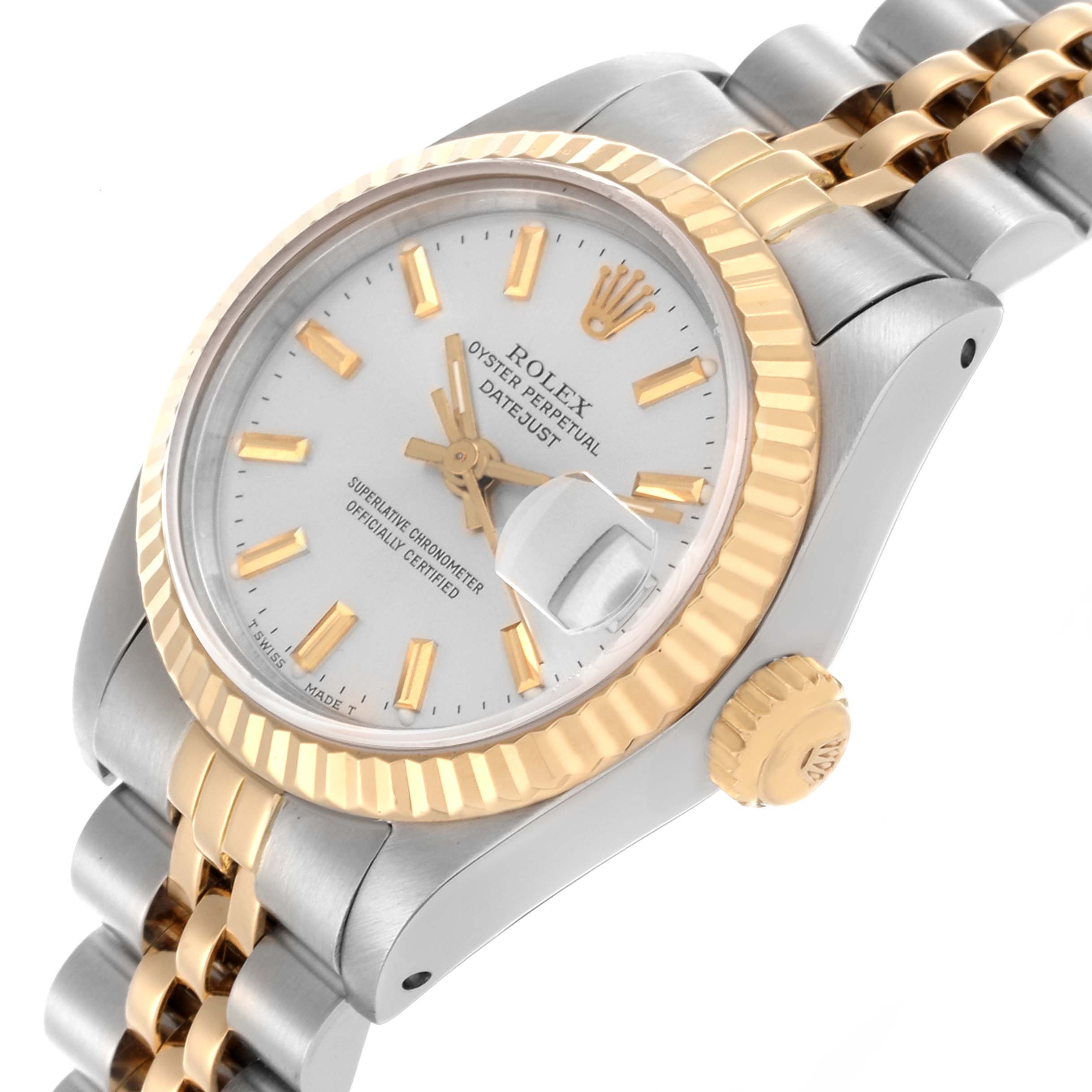The Rolex Datejust 69173 Women's Steel and Gold (two tone) Silver Dial 69173 Women's Steel and Gold (two tone) Silver Dial watch is shown at a slight angle, highlighting the dial, bezel, crown, and part of the bracelet.