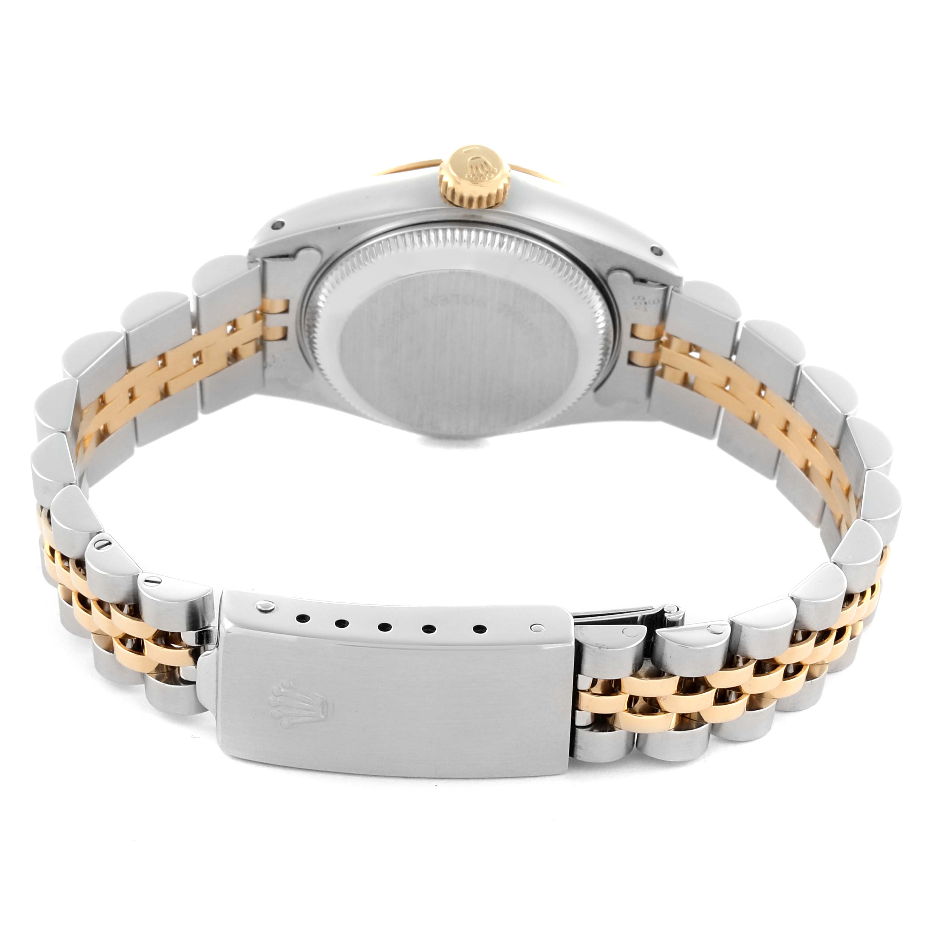 The image shows the back of a Rolex Datejust 69173 Women's Steel and Gold (two tone) Silver Dial 69173 Women's Steel and Gold (two tone) Silver Dial, highlighting the case back, crown, and two-tone bracelet with clasp.