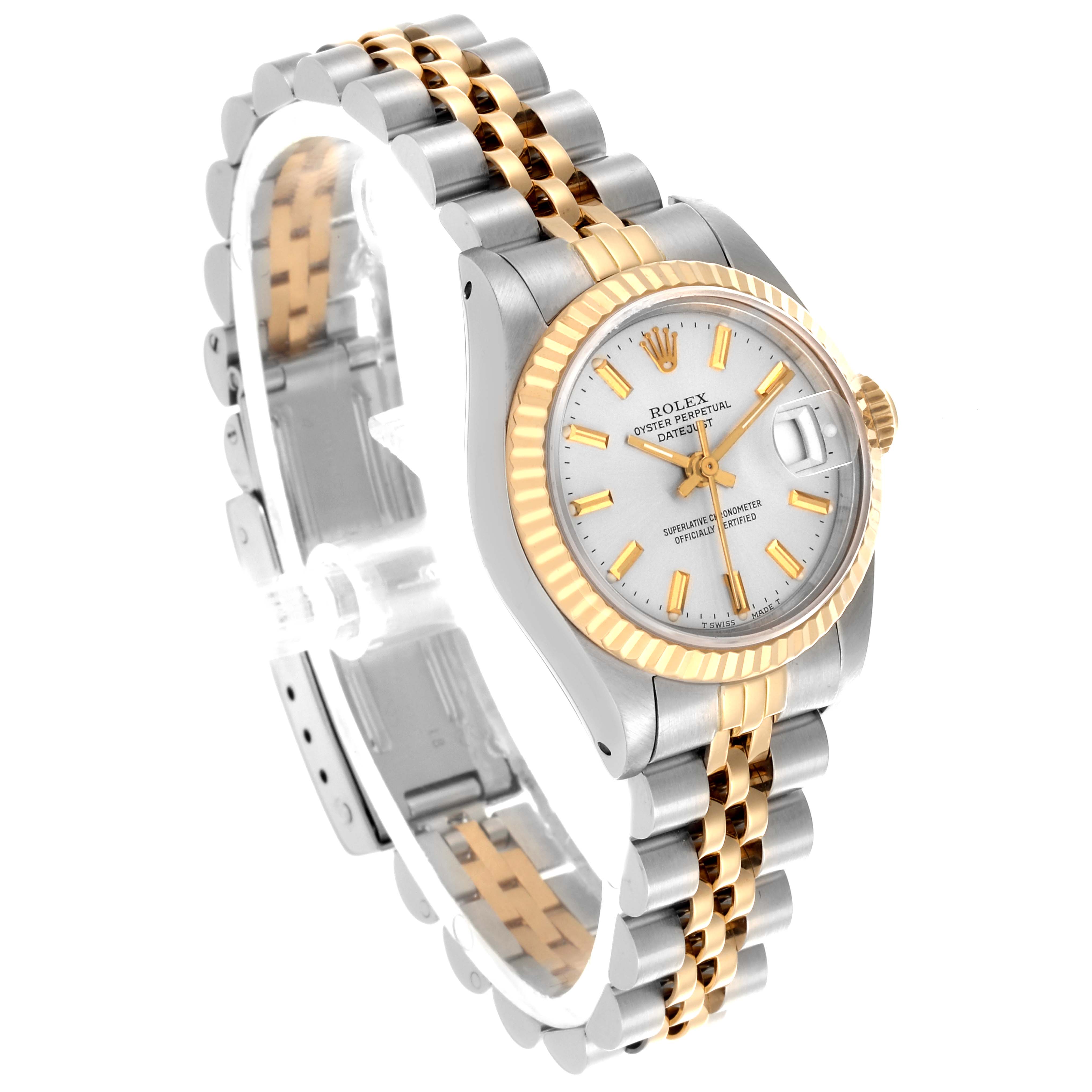 The Rolex Datejust 69173 Women's Steel and Gold (two tone) Silver Dial 69173 Women's Steel and Gold (two tone) Silver Dial watch is shown in a three-quarter view, highlighting the dial, case, bezel, and bracelet.