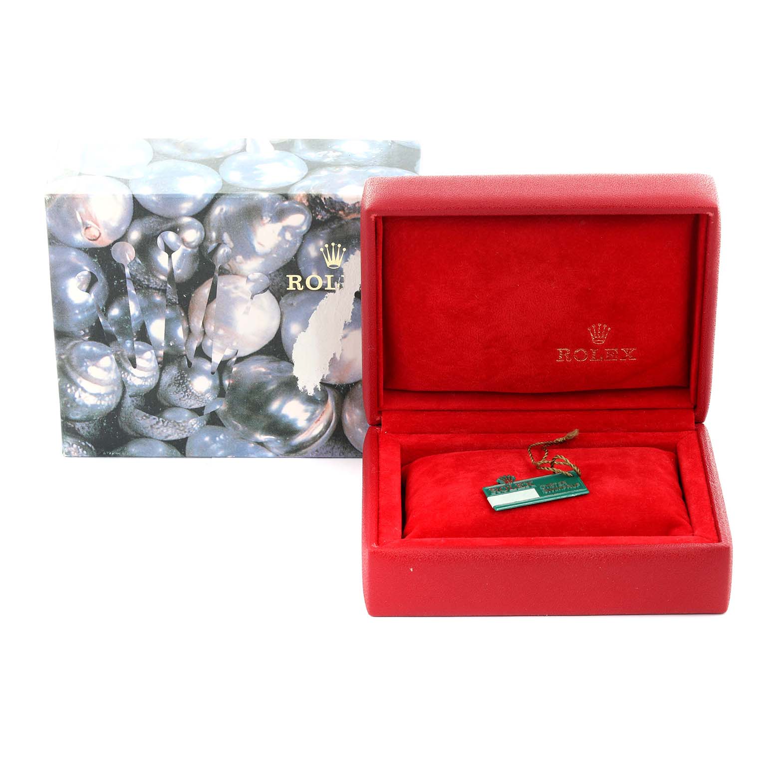 The image shows a Rolex Datejust 69173 Women's Steel and Gold (two tone) Silver Dial 69173 Women's Steel and Gold (two tone) Silver Dial watch box and tag, but not the watch itself.