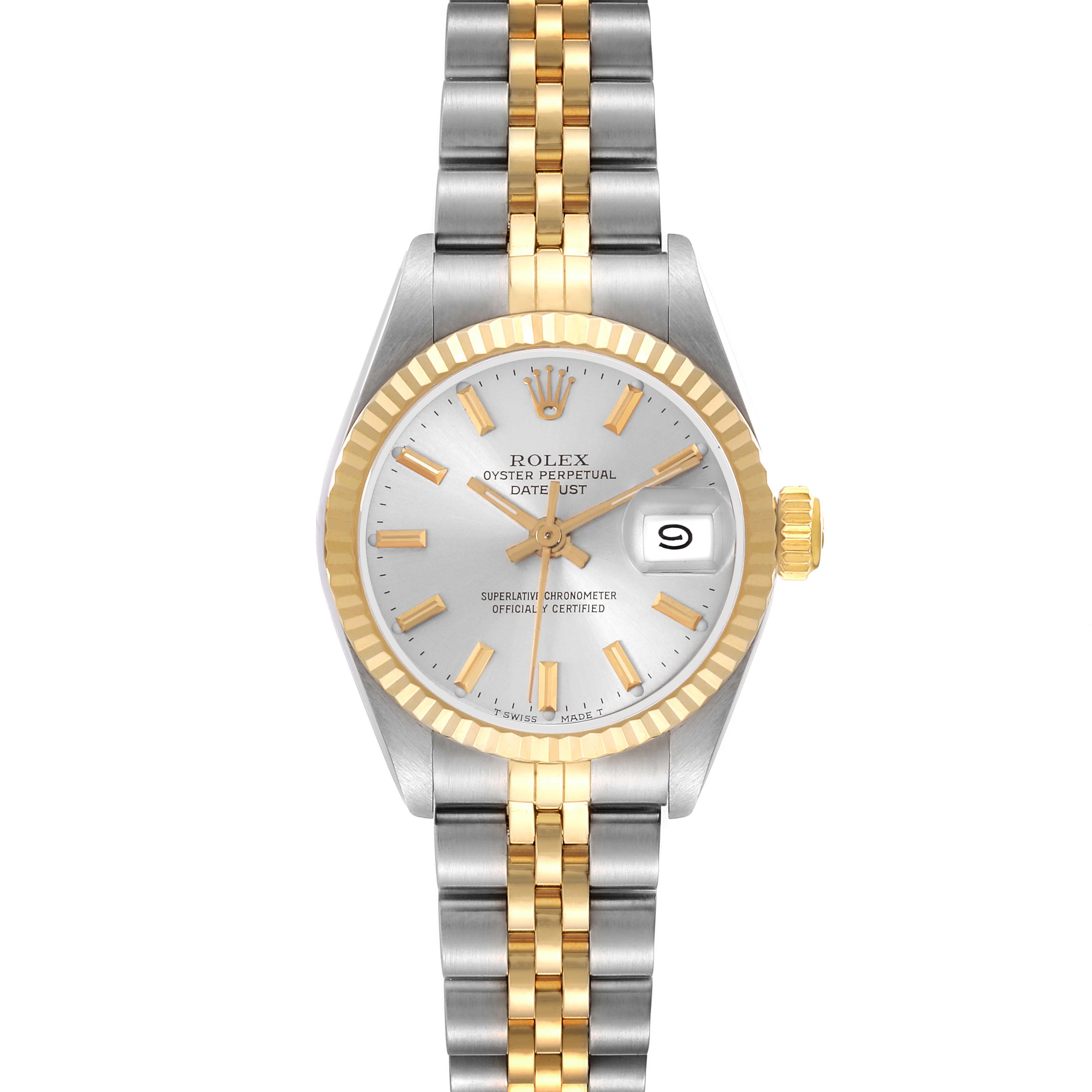 The Rolex Datejust 69173 Women's Steel and Gold (two tone) Silver Dial 69173 Women's Steel and Gold (two tone) Silver Dial watch is shown from the front, displaying the face, bezel, and bracelet.