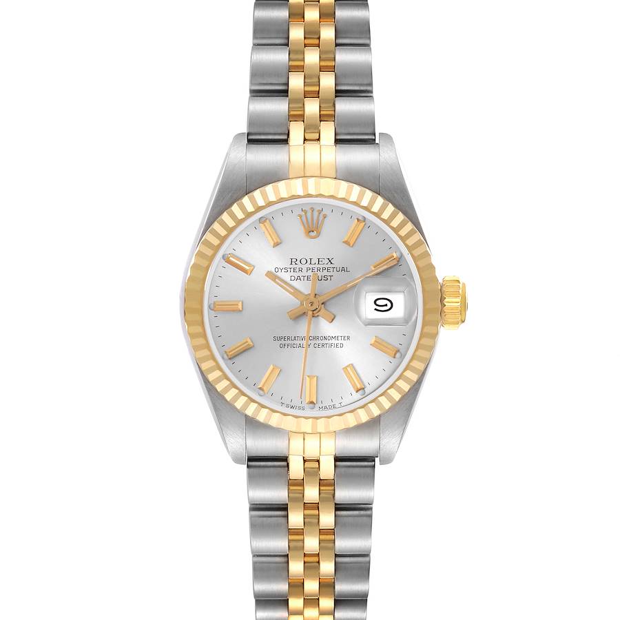 The Rolex Datejust watch is shown from the front, displaying the face, bezel, and bracelet.