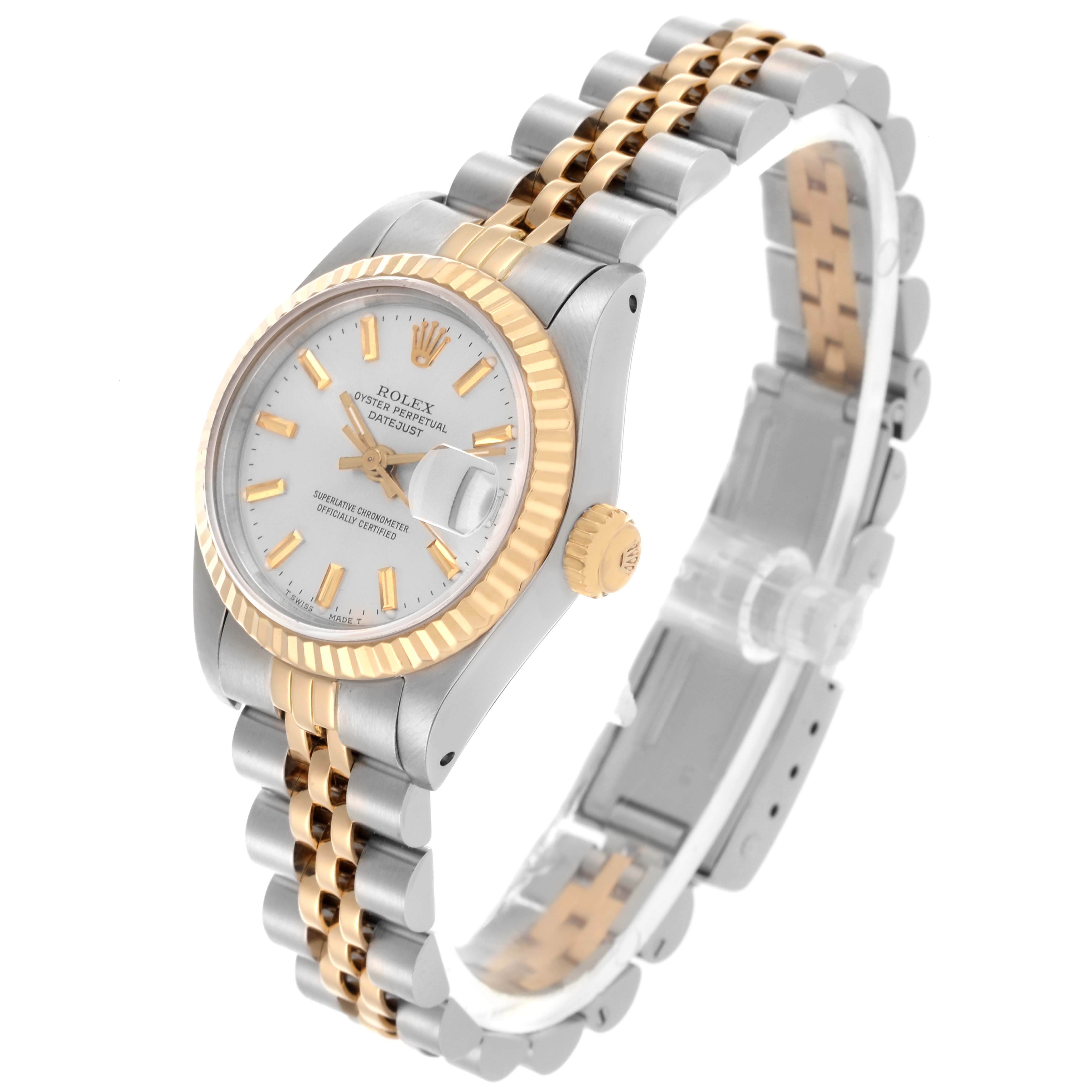 The Rolex Datejust 69173 Women's Steel and Gold (two tone) Silver Dial 69173 Women's Steel and Gold (two tone) Silver Dial watch is shown at a three-quarter angle, displaying the face, bezel, crown, and Jubilee bracelet.
