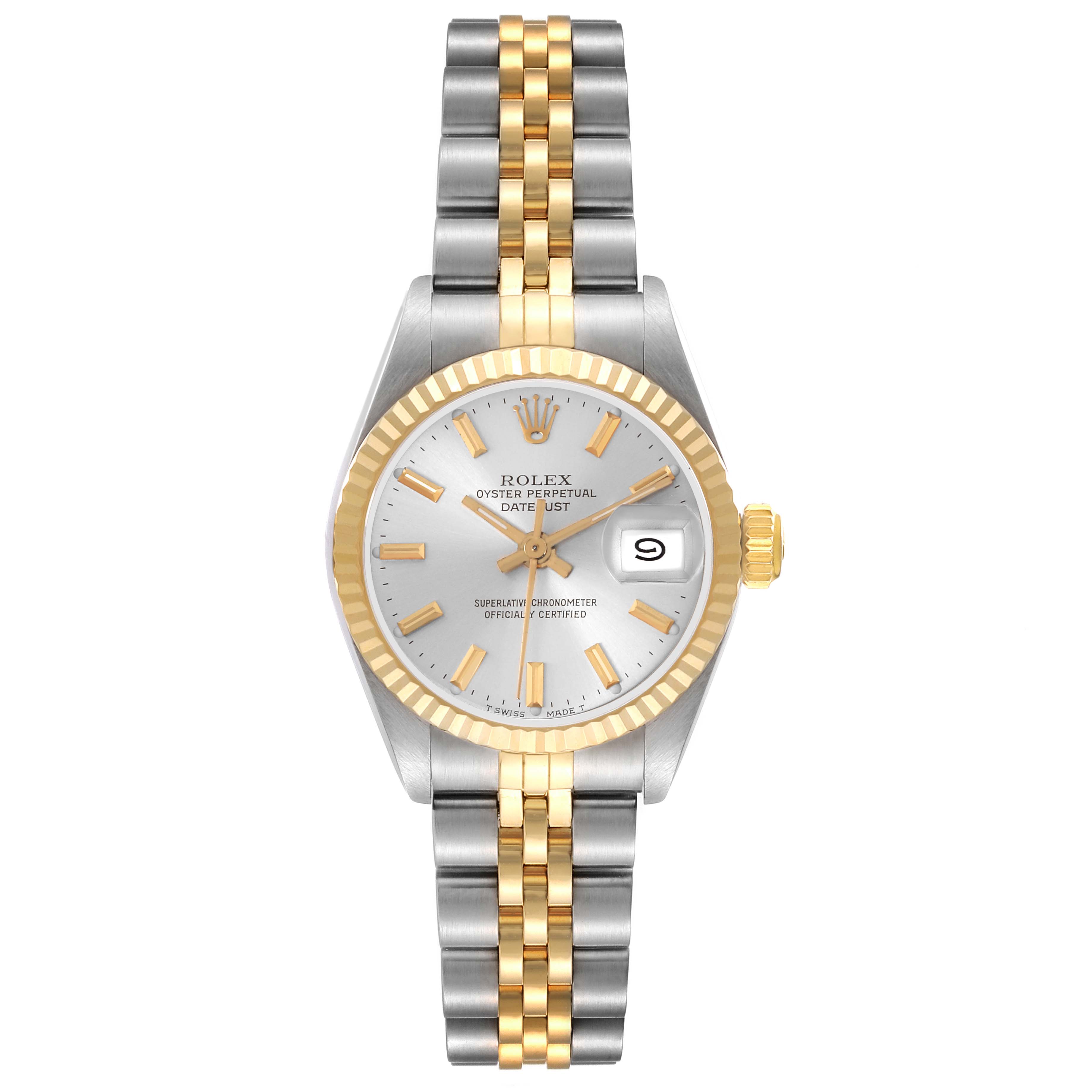 The Rolex Datejust 69173 Women's Steel and Gold (two tone) Silver Dial 69173 Women's Steel and Gold (two tone) Silver Dial watch is shown from a top-down angle, displaying the full face, bezel, crown, and Jubilee bracelet.