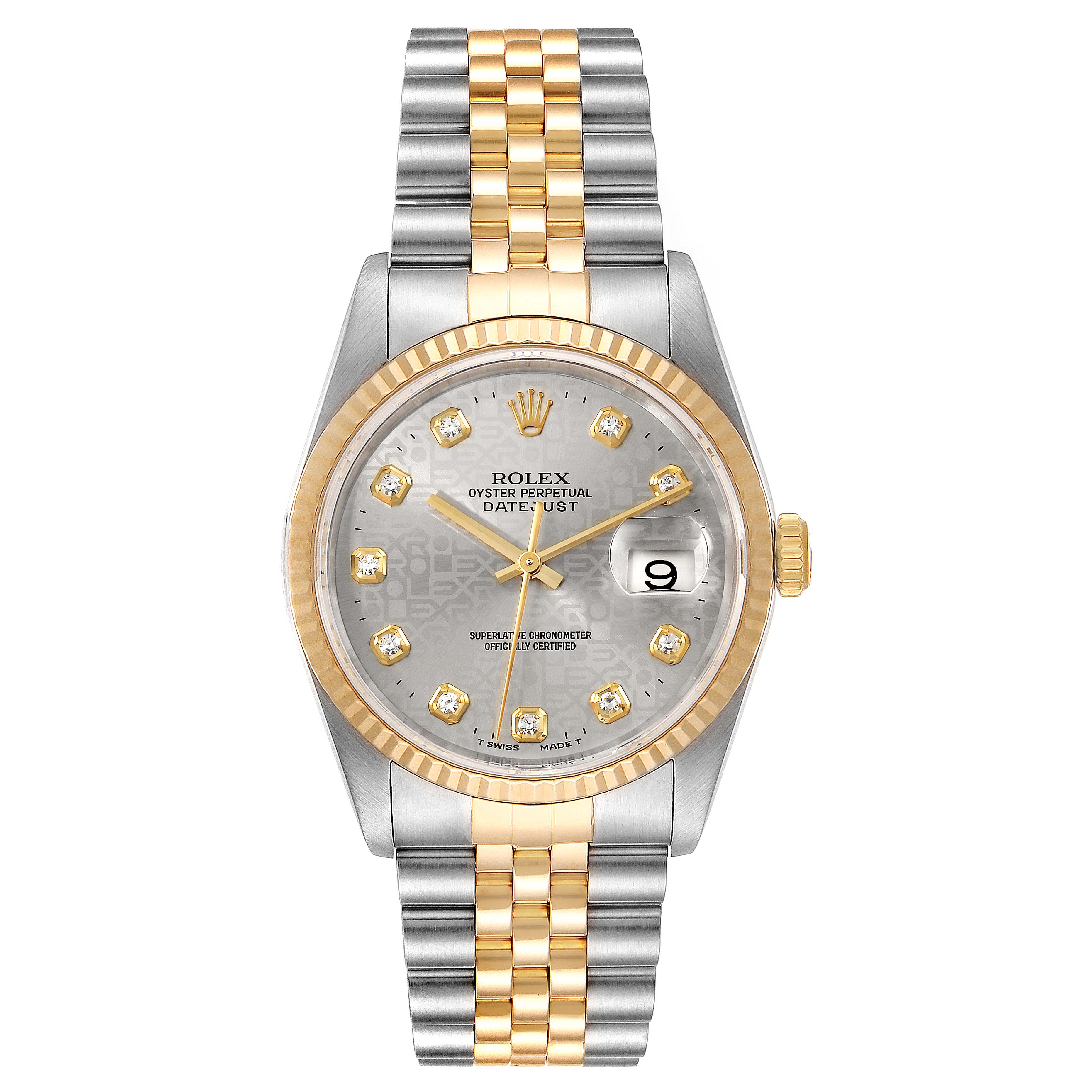The image shows a Rolex Datejust 16233 Men's Steel and Gold (two tone) Silver Dial 16233 Men's Steel and Gold (two tone) Silver Dial watch from a front angle, displaying the face, bezel, and two-tone bracelet.