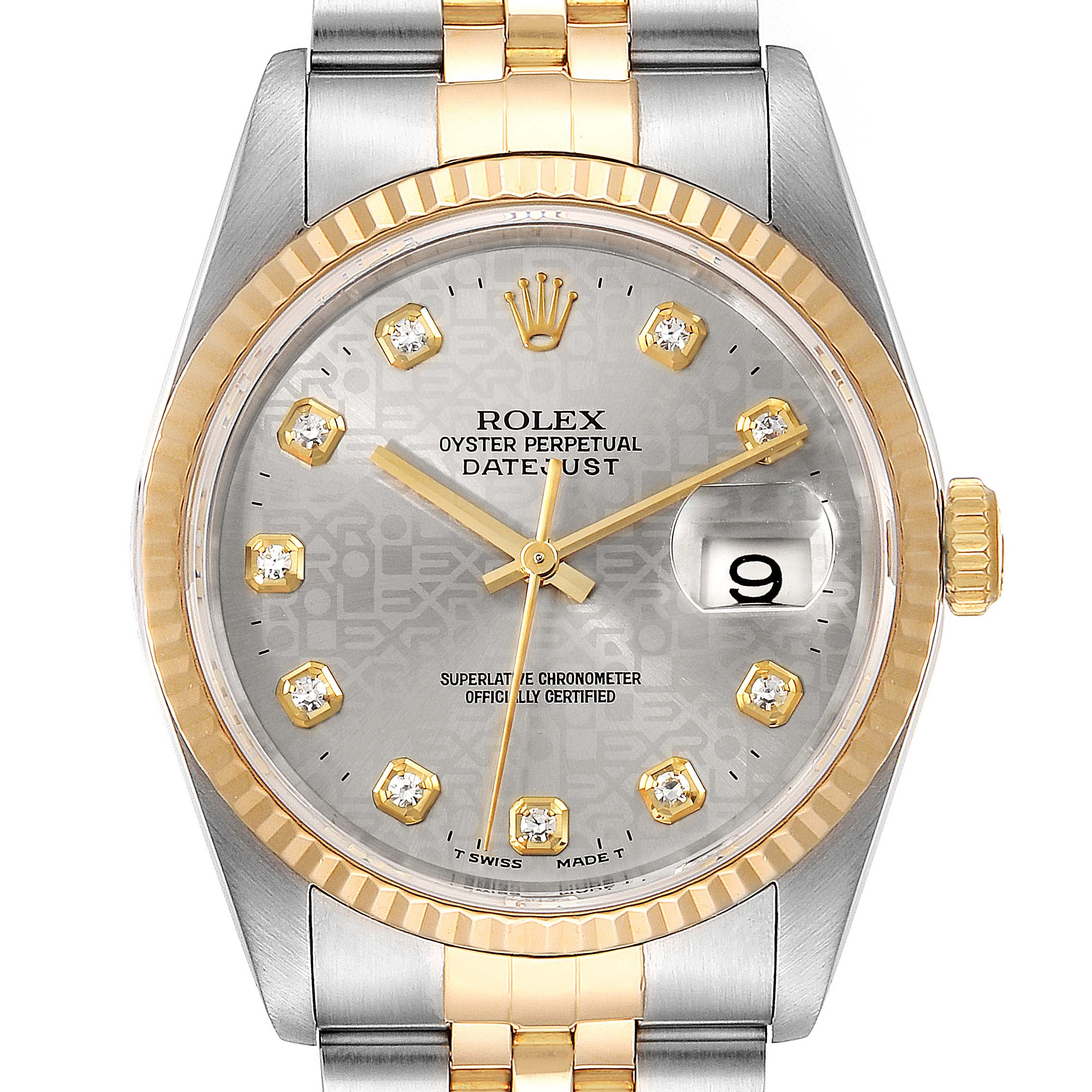 This image shows a front view of a Rolex Datejust 16233 Men's Steel and Gold (two tone) Silver Dial 16233 Men's Steel and Gold (two tone) Silver Dial watch, highlighting the dial, bezel, and part of the bracelet.
