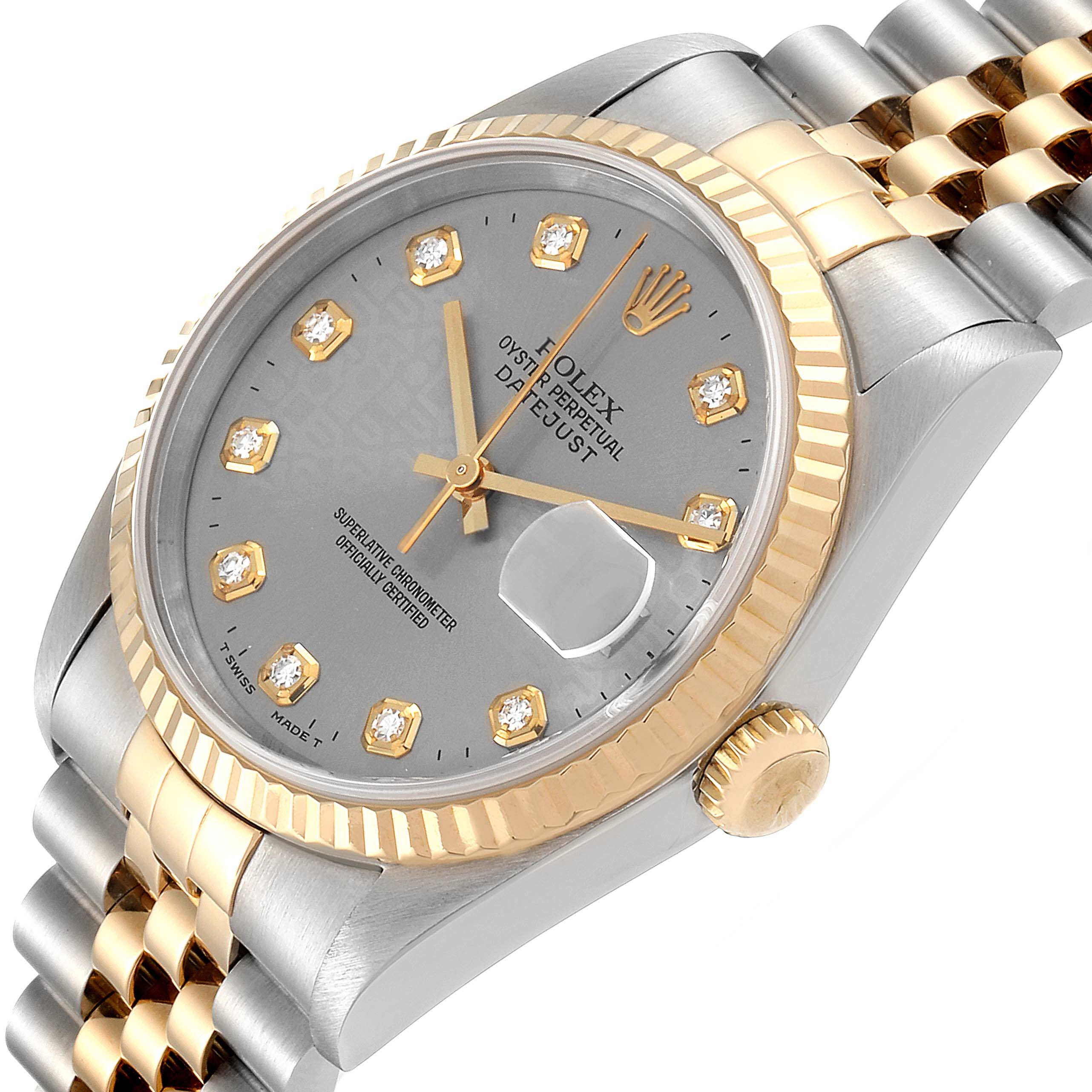This image showcases a close-up of the Rolex Datejust 16233 Men's Steel and Gold (two tone) Silver Dial 16233 Men's Steel and Gold (two tone) Silver Dial watch, featuring its face, crown, and part of its bracelet.