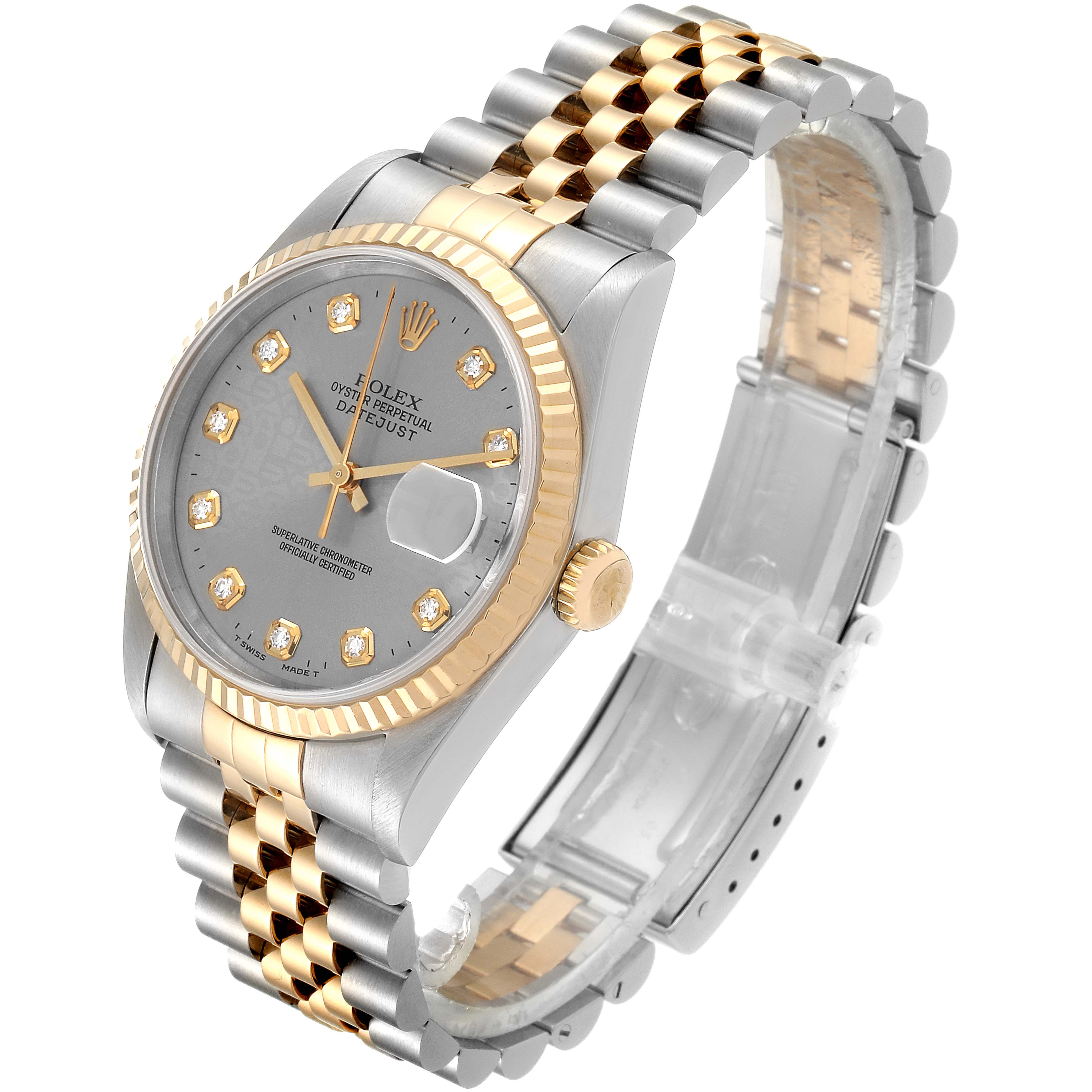 The image shows the Rolex Datejust 16233 Men's Steel and Gold (two tone) Silver Dial 16233 Men's Steel and Gold (two tone) Silver Dial watch from an angled side view, highlighting the dial, bezel, crown, and two-tone bracelet.
