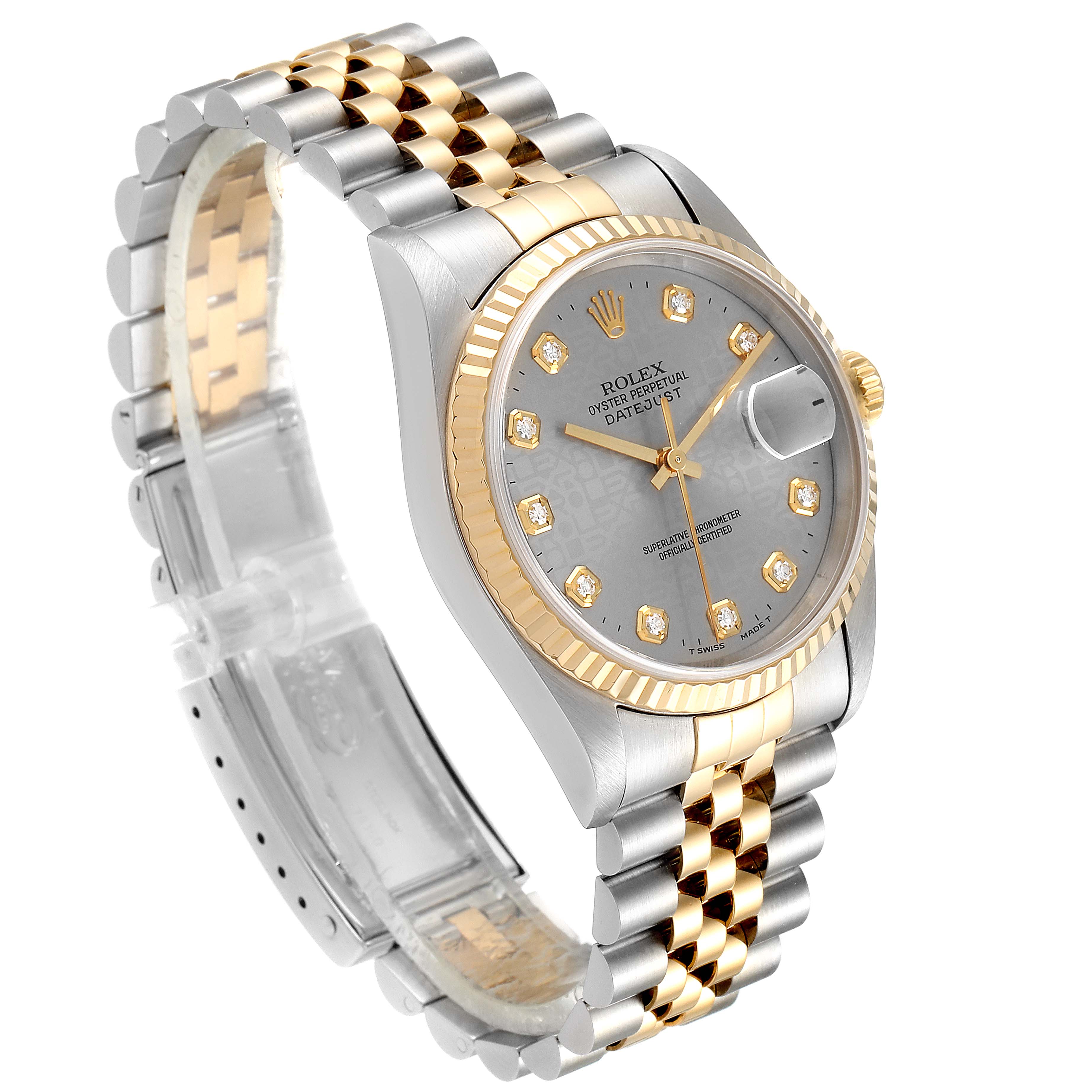 This Rolex Datejust 16233 Men's Steel and Gold (two tone) Silver Dial 16233 Men's Steel and Gold (two tone) Silver Dial watch is shown at a slight angle, displaying the face, bezel, and Jubilee bracelet in two-tone metal.
