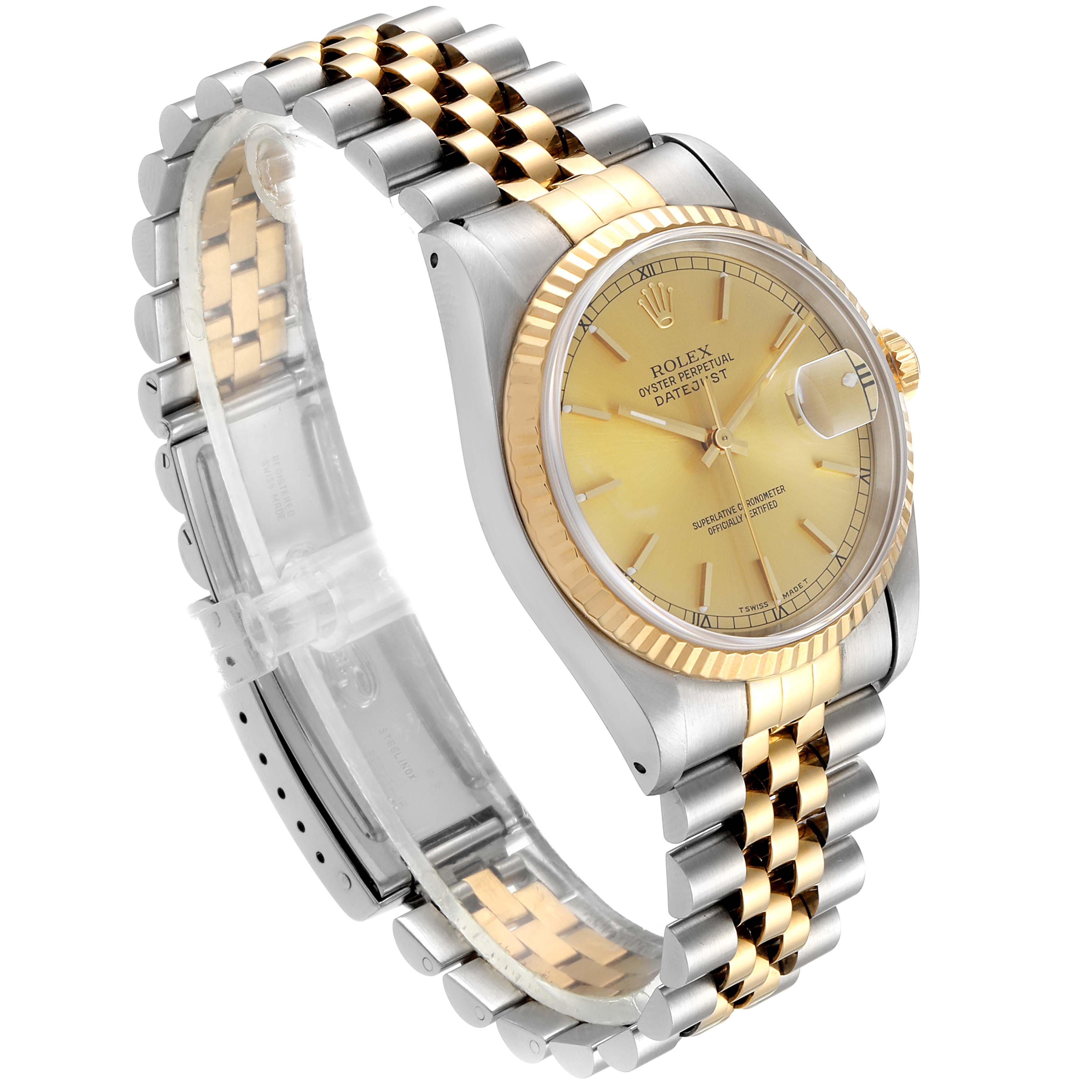 The Rolex Datejust 16233 Men's Steel and Gold (two tone) Champagne Dial 16233 Men's Steel and Gold (two tone) Champagne Dial watch is shown at an angle displaying the face, bezel, crown, and two-tone bracelet.