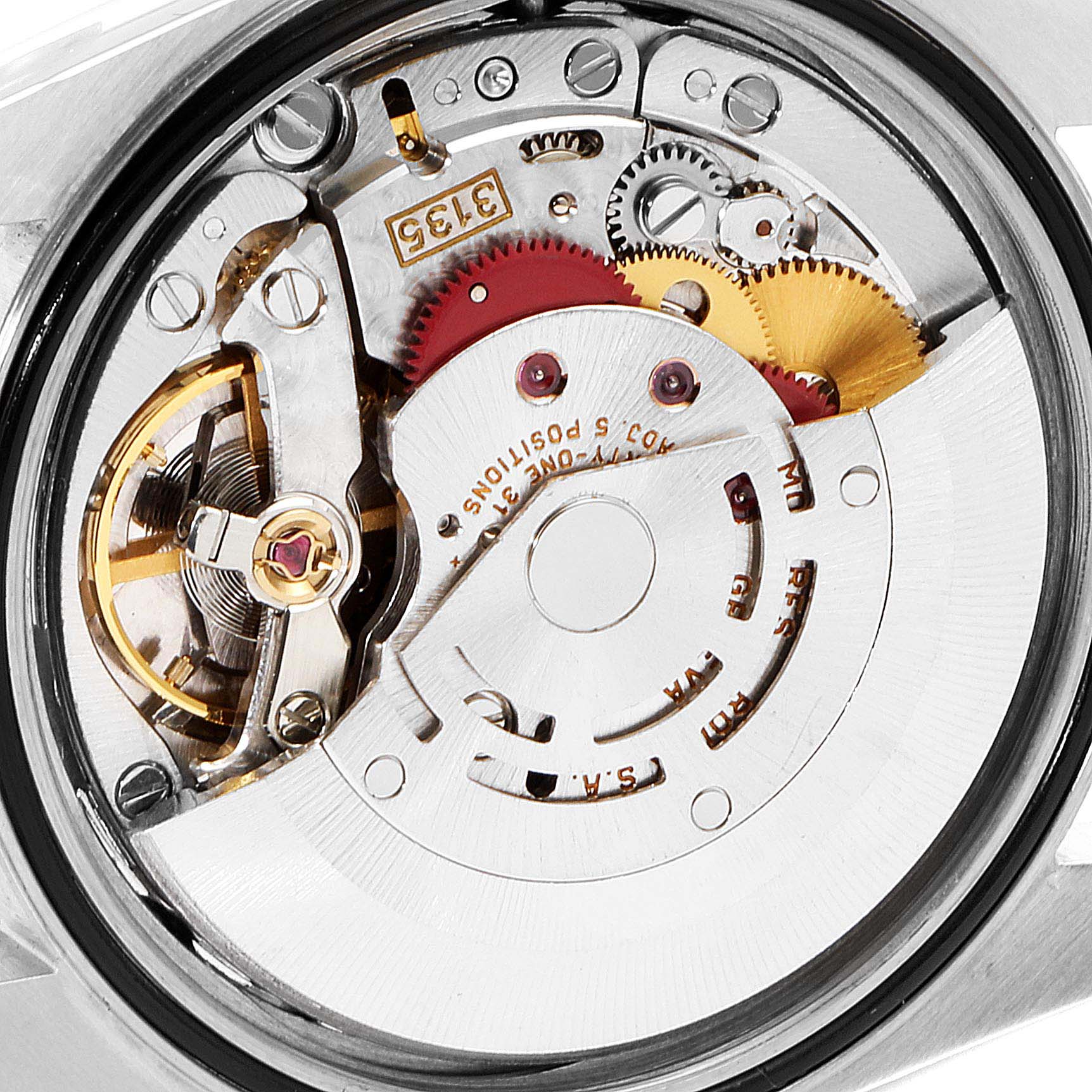 The image shows a close-up view of the internal mechanism of a Rolex Datejust 16233 Men's Steel and Gold (two tone) Champagne Dial 16233 Men's Steel and Gold (two tone) Champagne Dial watch, focusing on its intricate gears and components.