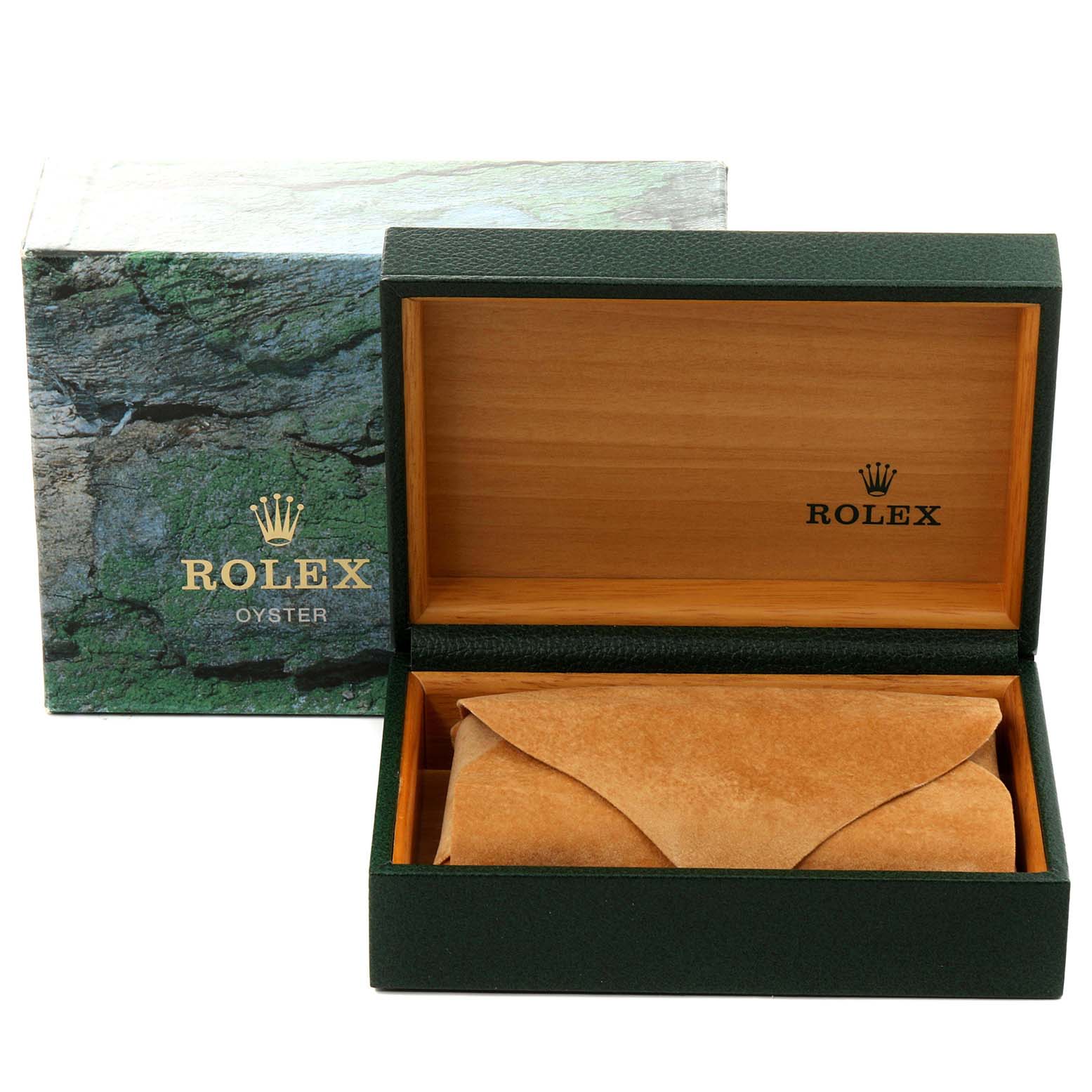 The image shows an open Rolex Datejust 16233 Men's Steel and Gold (two tone) Champagne Dial 16233 Men's Steel and Gold (two tone) Champagne Dial watch box with a green exterior and wooden interior, along with a tan pouch.