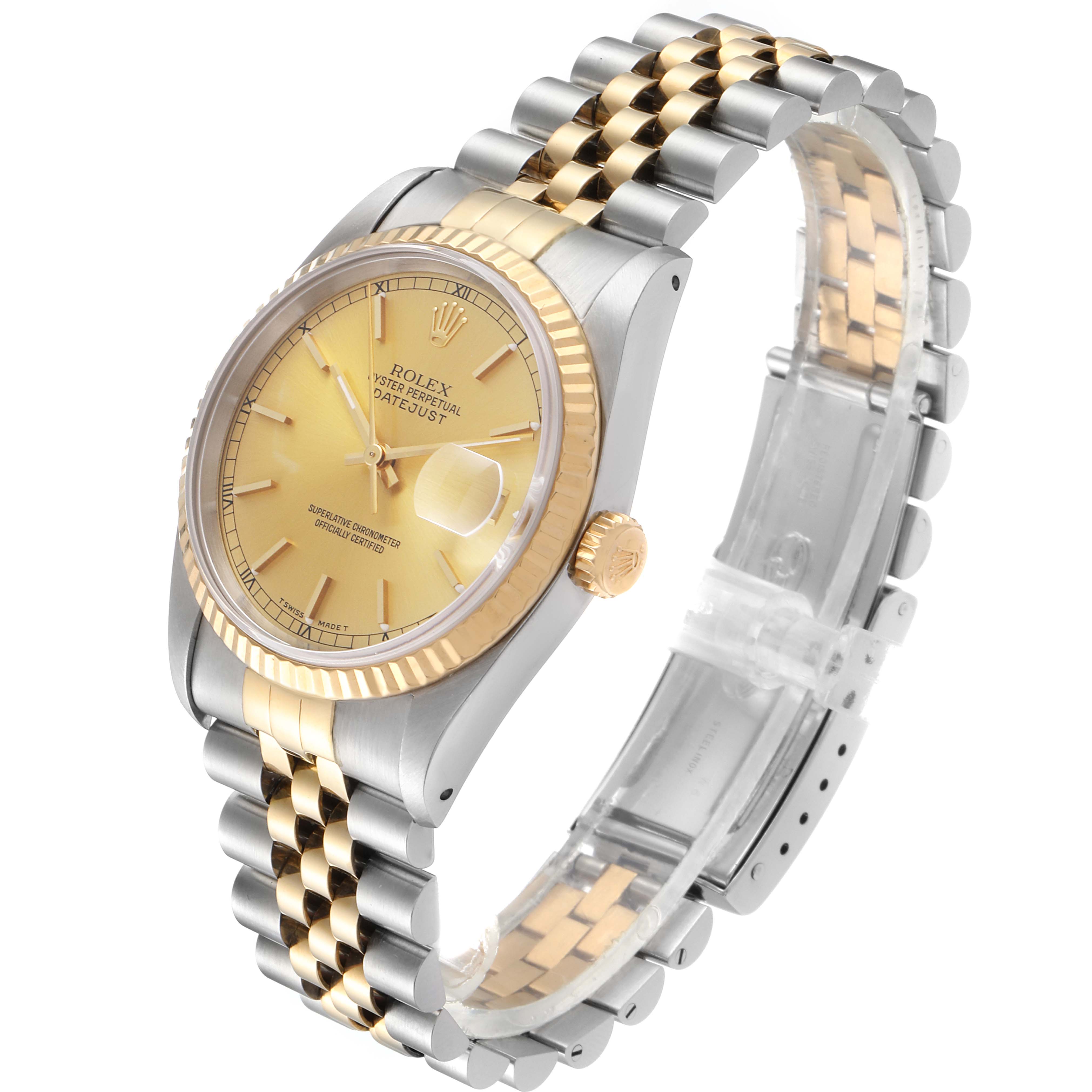 The image shows a Rolex Datejust 16233 Men's Steel and Gold (two tone) Champagne Dial 16233 Men's Steel and Gold (two tone) Champagne Dial watch at a three-quarter angle, highlighting the dial, bezel, crown, and bracelet.