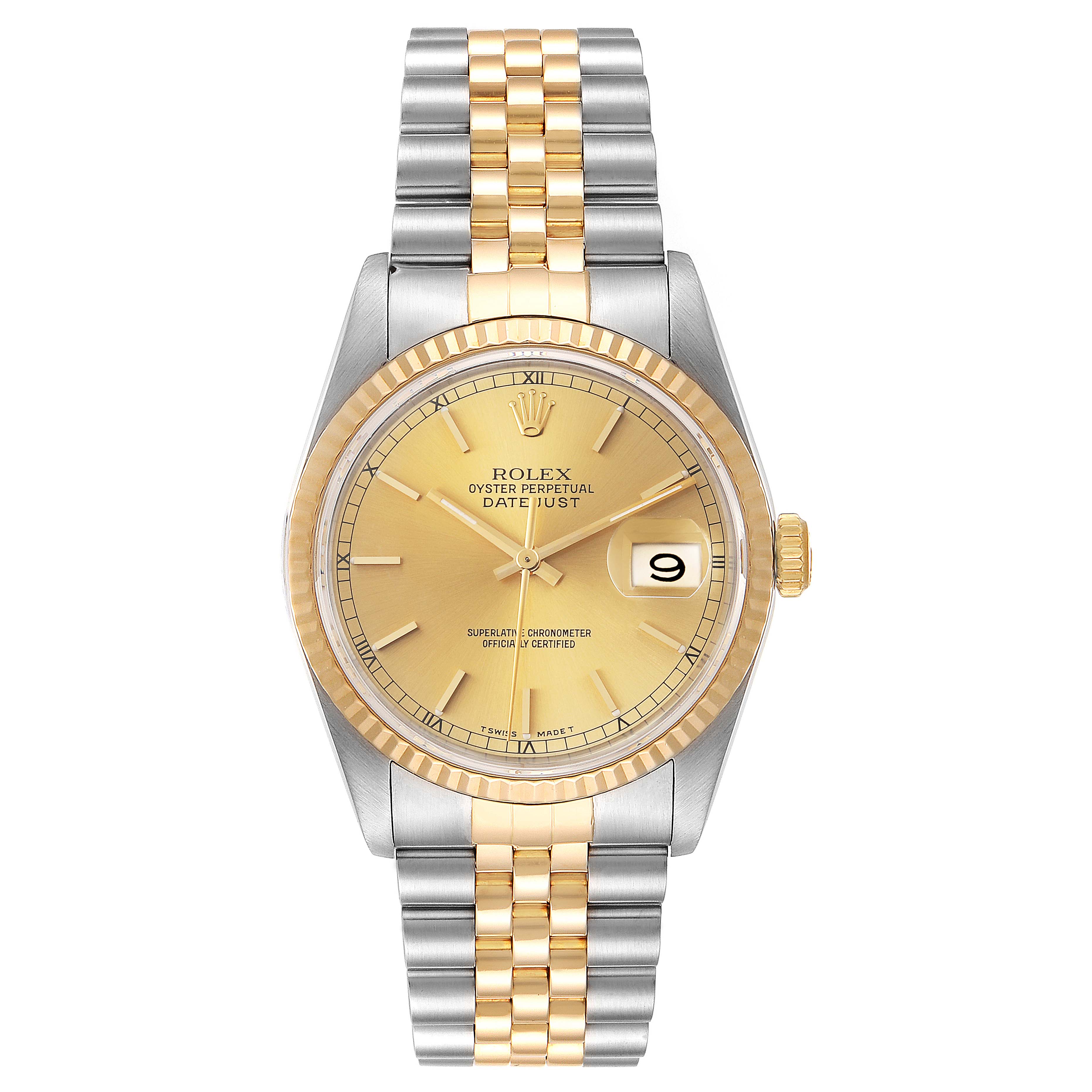 This image shows a Rolex Datejust 16233 Men's Steel and Gold (two tone) Champagne Dial 16233 Men's Steel and Gold (two tone) Champagne Dial watch from a front angle, highlighting the dial, bezel, and bracelet.