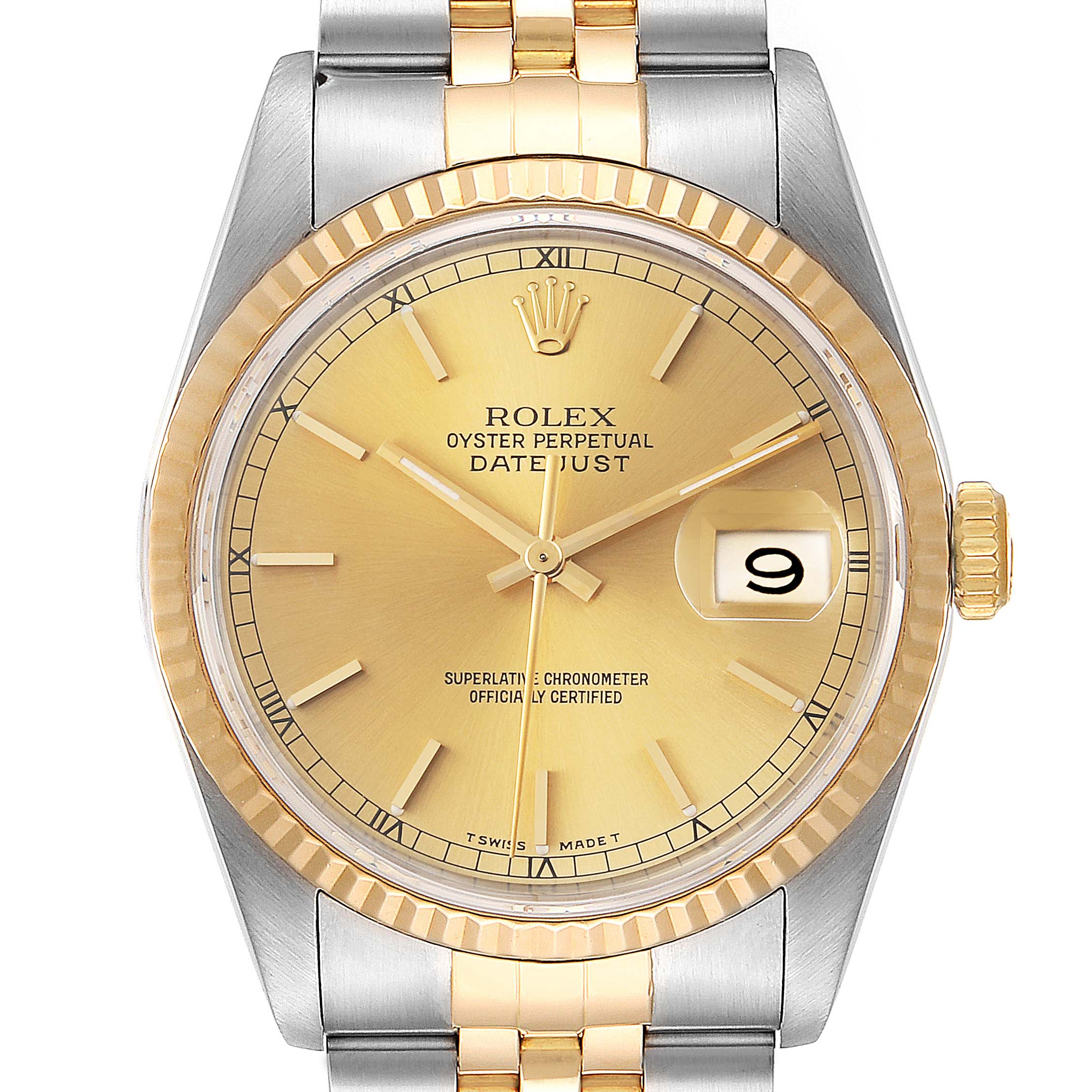 This is a front view of a Rolex Datejust 16233 Men's Steel and Gold (two tone) Champagne Dial 16233 Men's Steel and Gold (two tone) Champagne Dial watch, highlighting the dial, bezel, bracelet, and date window.
