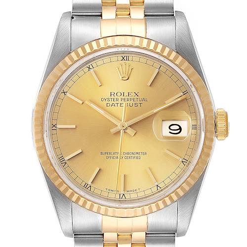 The image shows a frontal view of a Rolex Datejust watch, displaying the dial, bezel, and part of the bracelet.