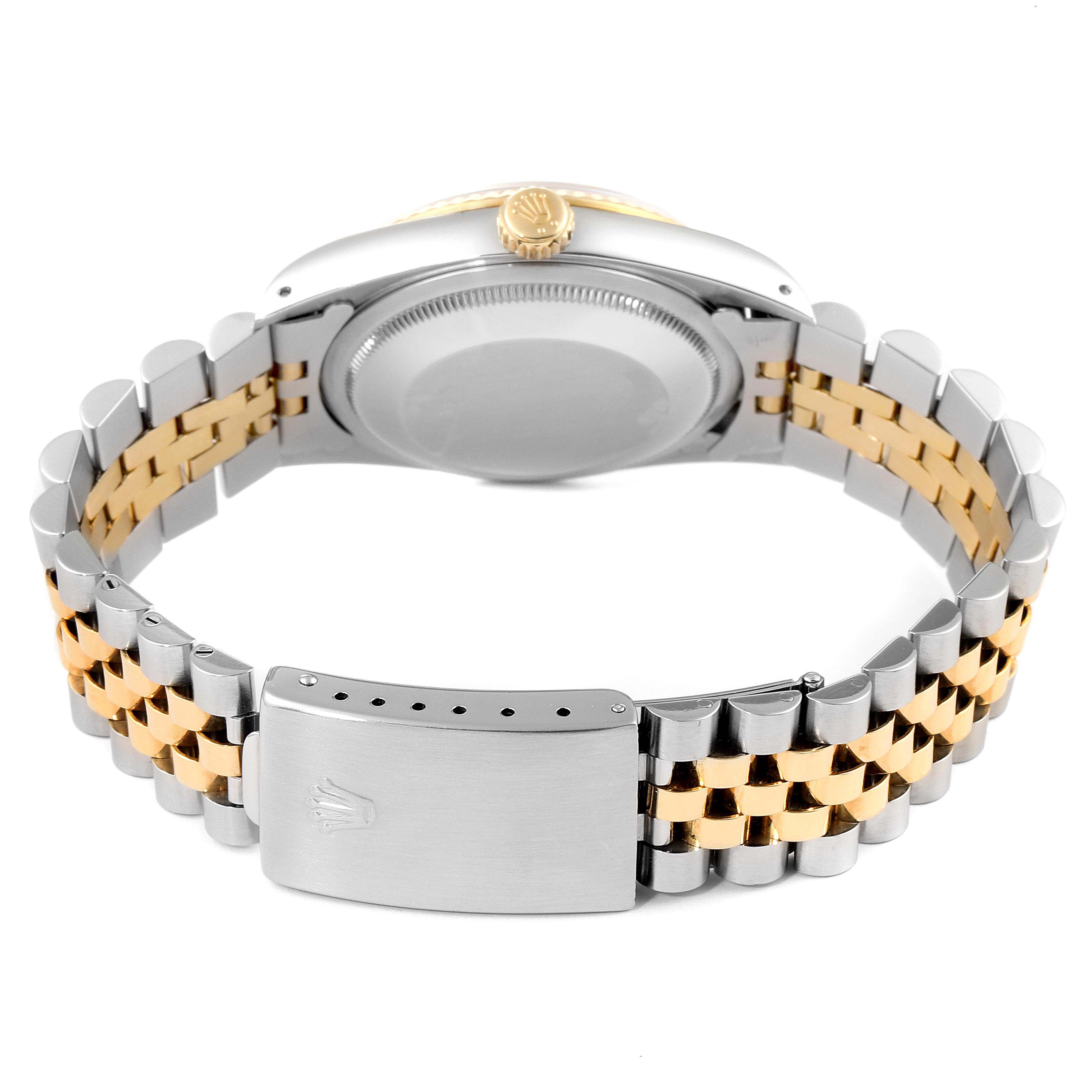 The image shows the back, case, and bracelet of a Rolex Datejust 16233 Men's Steel and Gold (two tone) Champagne Dial 16233 Men's Steel and Gold (two tone) Champagne Dial watch, highlighting its two-tone design.