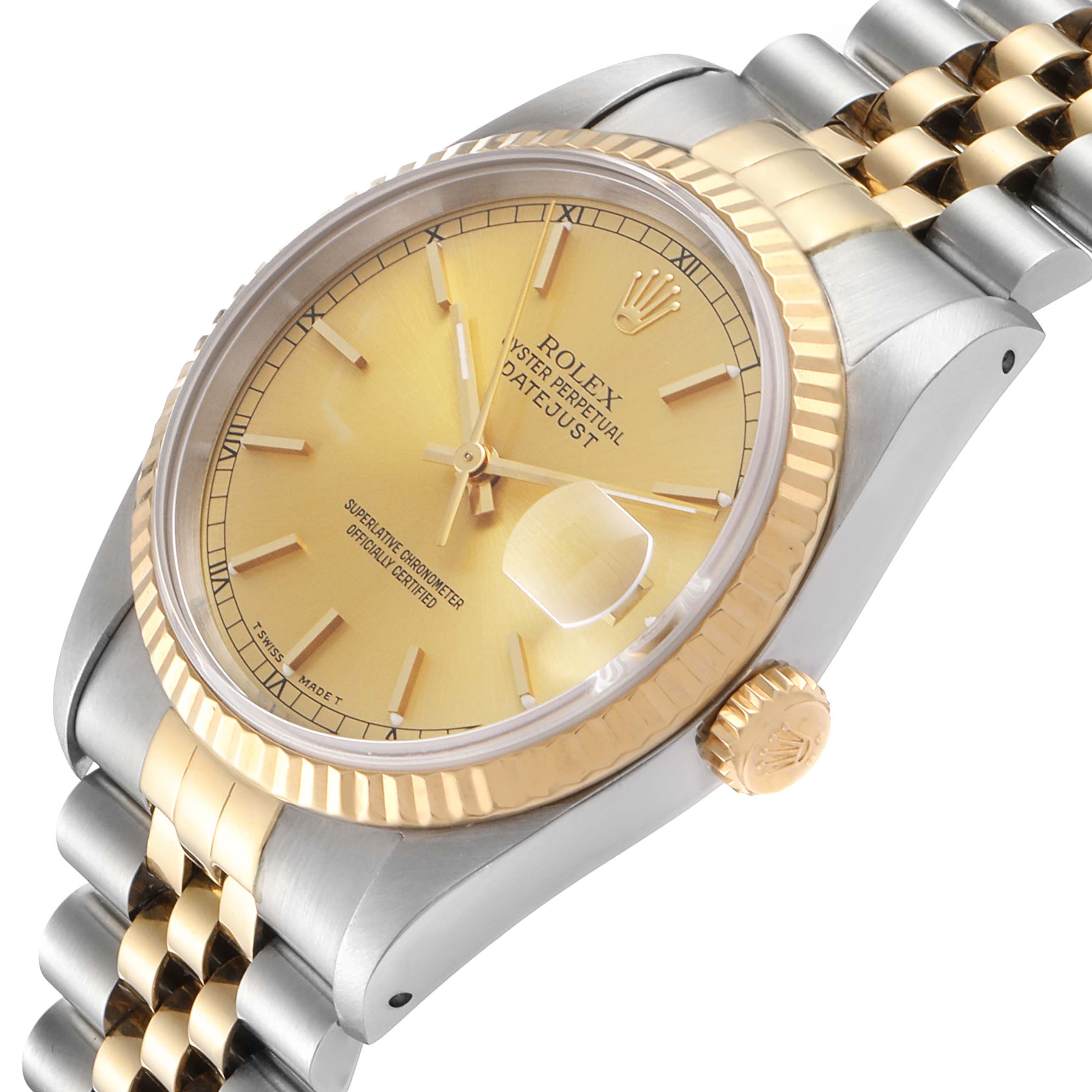 The Rolex Datejust 16233 Men's Steel and Gold (two tone) Champagne Dial 16233 Men's Steel and Gold (two tone) Champagne Dial watch is shown at a slight angle, highlighting its dial, bezel, crown, and part of the bracelet.