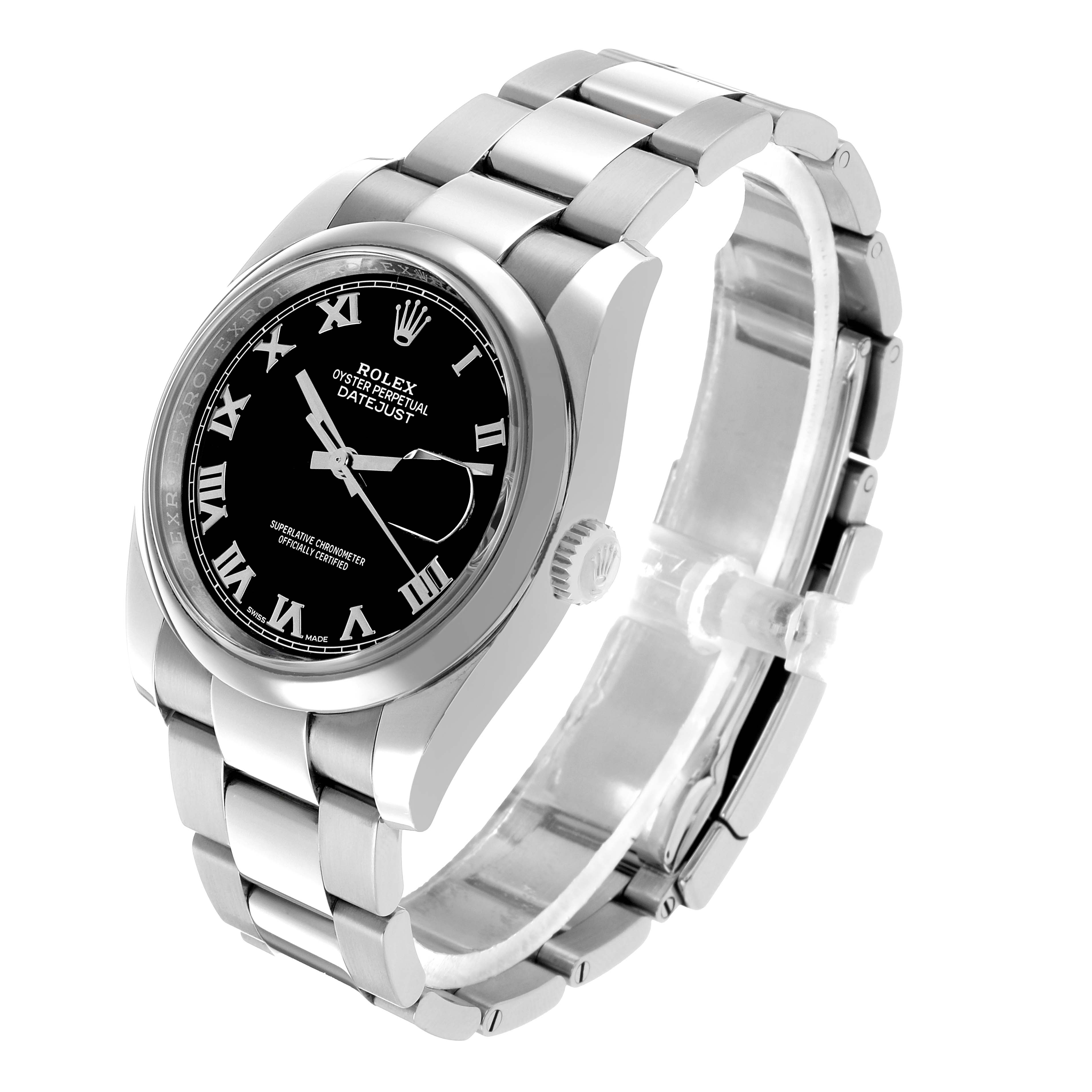 The Rolex Datejust 116200 Men's Stainless Steel Black Dial is shown at a three-quarter angle, highlighting the dial, bezel, crown, and a portion of the bracelet.