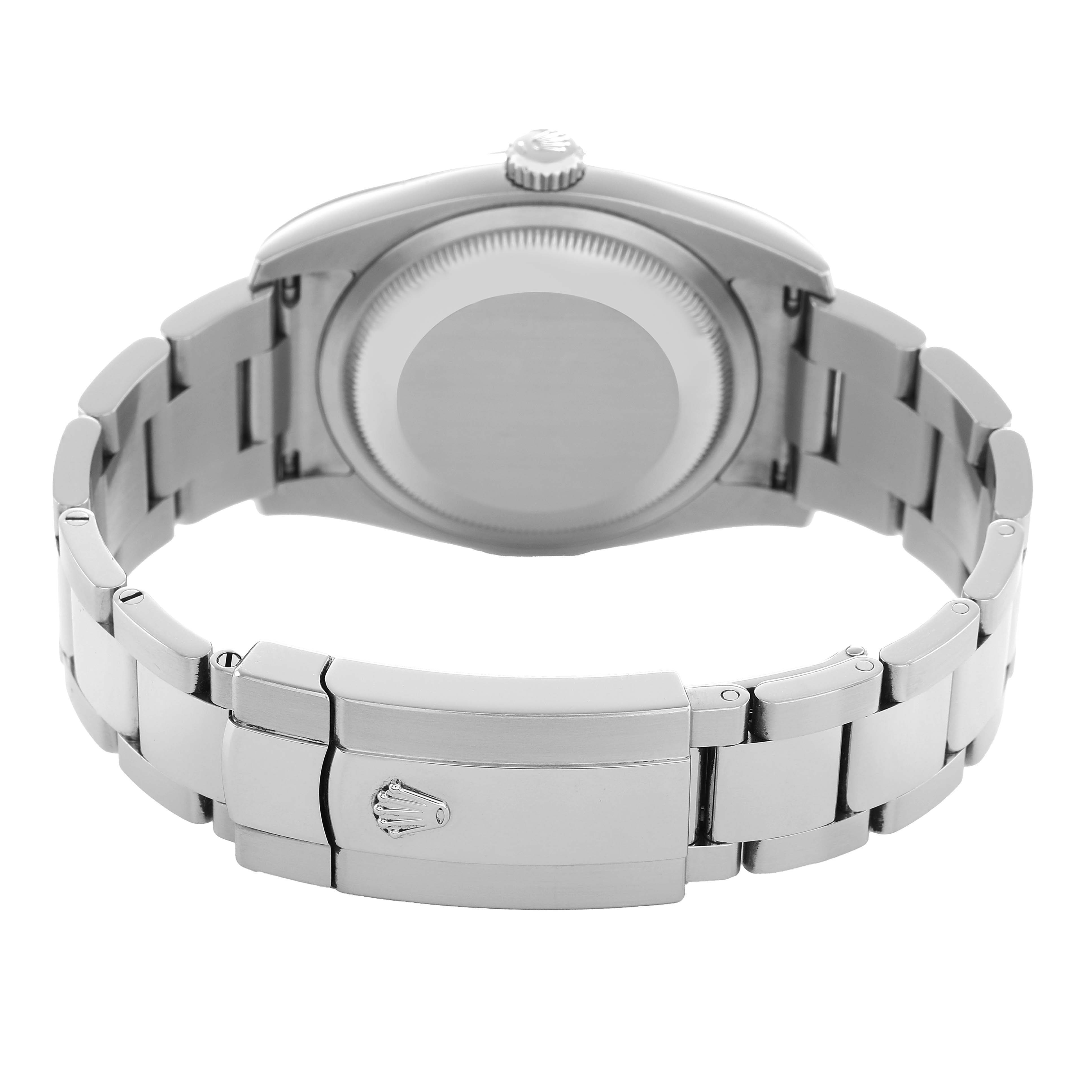 The image shows the back of a Rolex Datejust 116200 Men's Stainless Steel Black Dial watch, highlighting the bracelet and clasp from a rear angle.