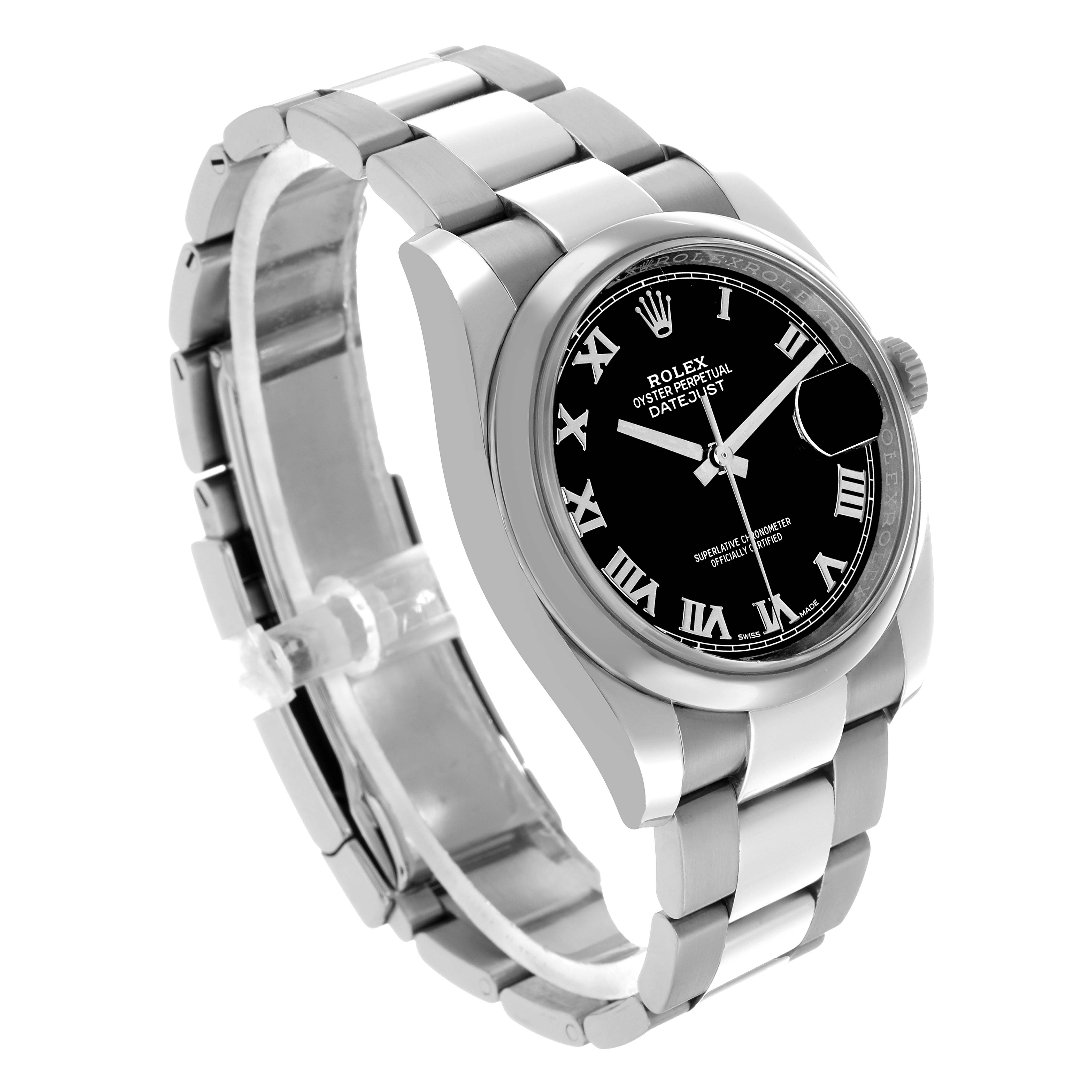 The Rolex Datejust 116200 Men's Stainless Steel Black Dial watch is shown at a three-quarter angle, highlighting the bracelet, case, and dial with Roman numerals.