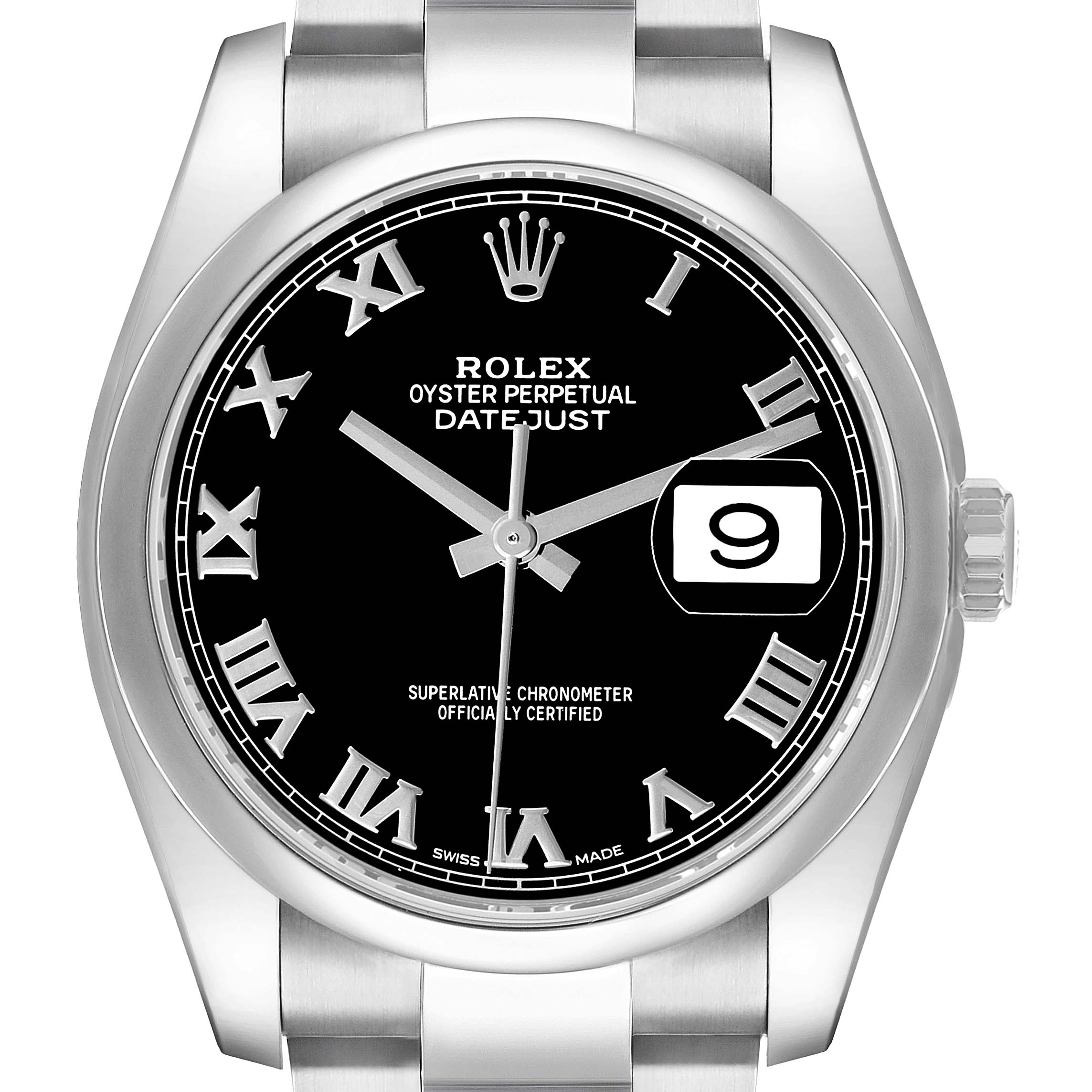 The Rolex Datejust 116200 Men's Stainless Steel Black Dial watch is shown from a front view, highlighting the dial, hands, date window, and crown.