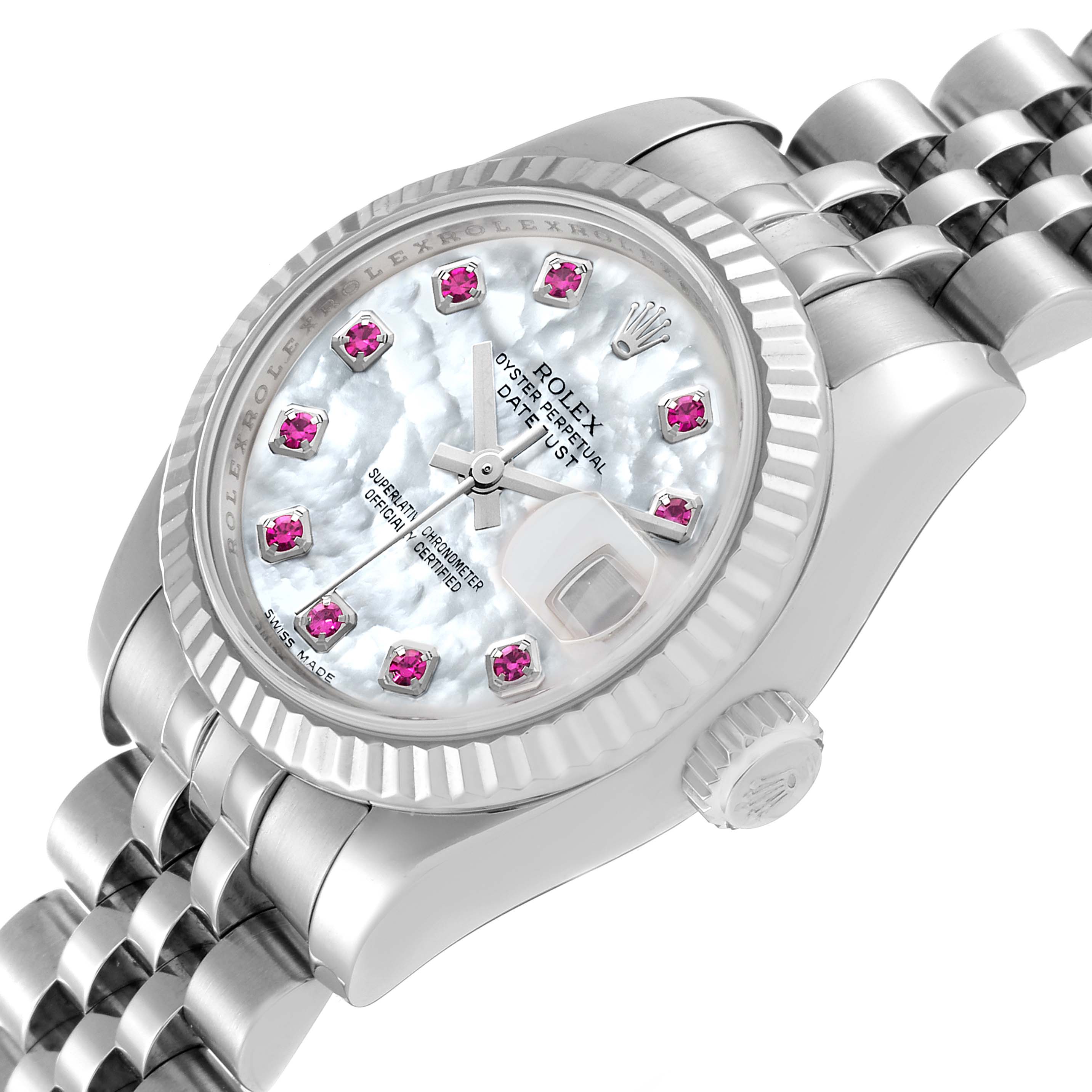 The image shows a Rolex Datejust 179174 Women's Stainless Steel Mother of Pearl Dial 179174 Women's Stainless Steel Mother of Pearl Dial watch angled from the top-left, highlighting its face, bezel, and part of the bracelet.