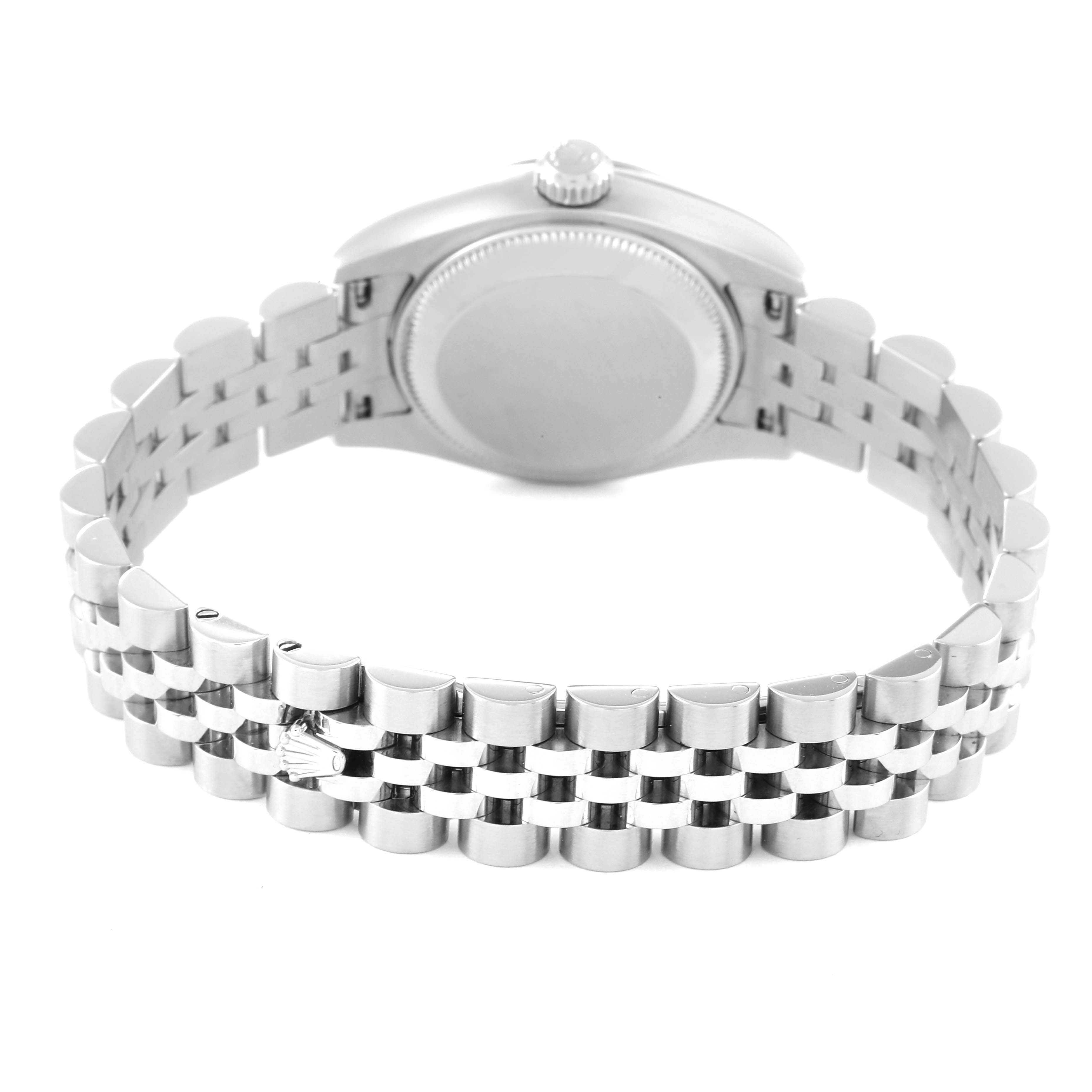 This image shows the back view of a Rolex Datejust 179174 Women's Stainless Steel Mother of Pearl Dial 179174 Women's Stainless Steel Mother of Pearl Dial watch, displaying its bracelet and case back.