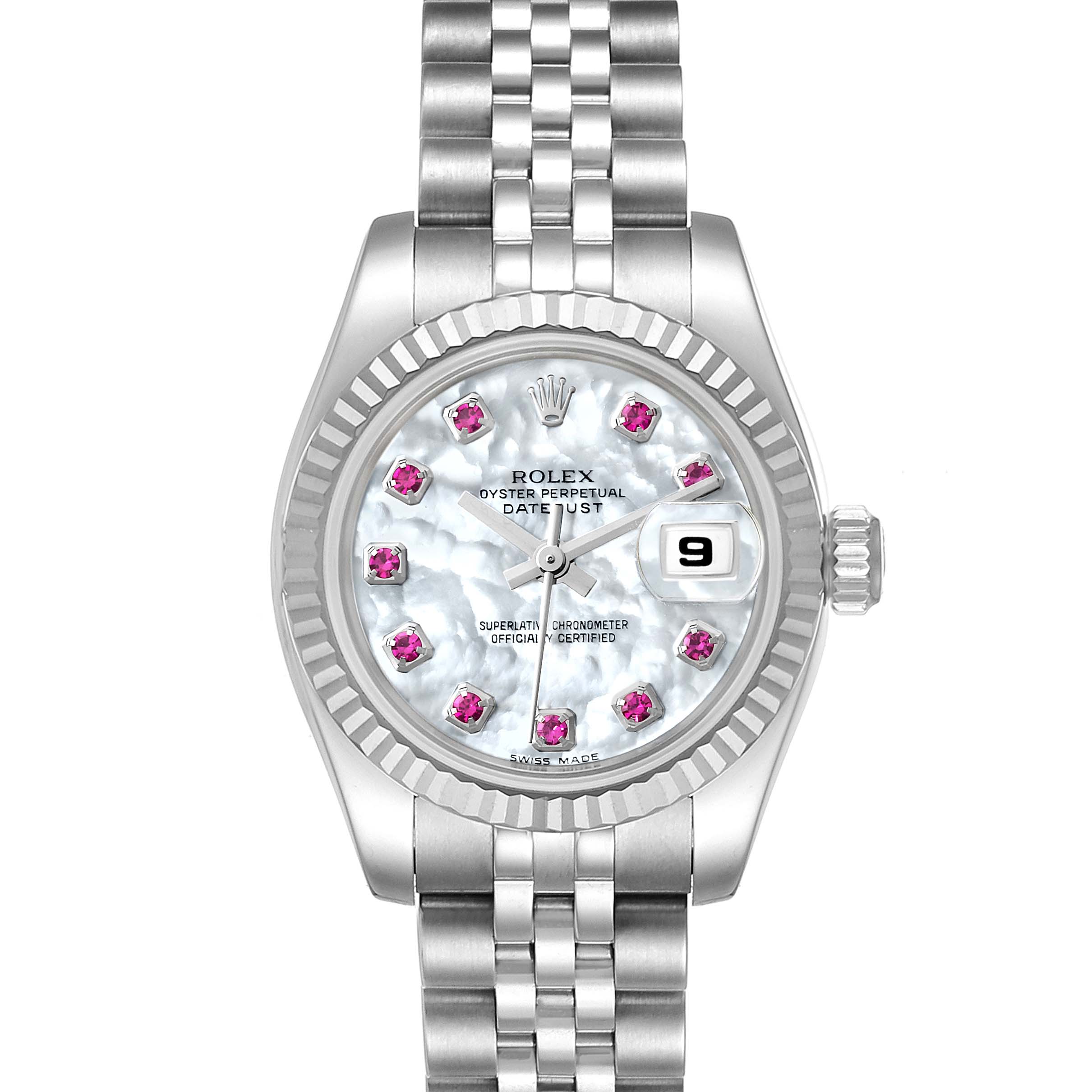 This image shows a frontal view of the Rolex Datejust 179174 Women's Stainless Steel Mother of Pearl Dial 179174 Women's Stainless Steel Mother of Pearl Dial watch, highlighting the dial, bezel, crown, and bracelet.