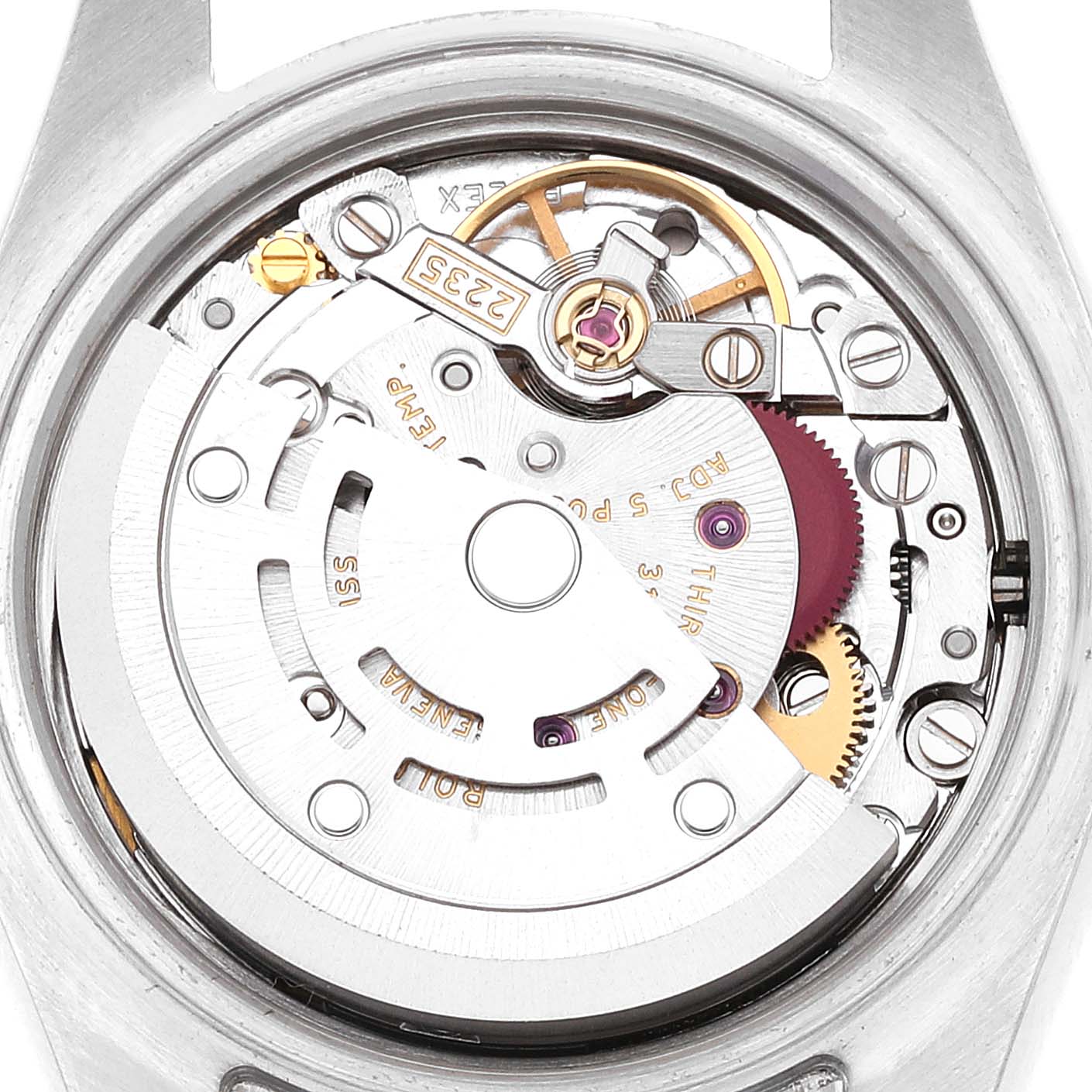 The image shows a close-up of the Rolex Datejust 179174 Women's Stainless Steel Mother of Pearl Dial 179174 Women's Stainless Steel Mother of Pearl Dial model's internal watch movement mechanism from the back.