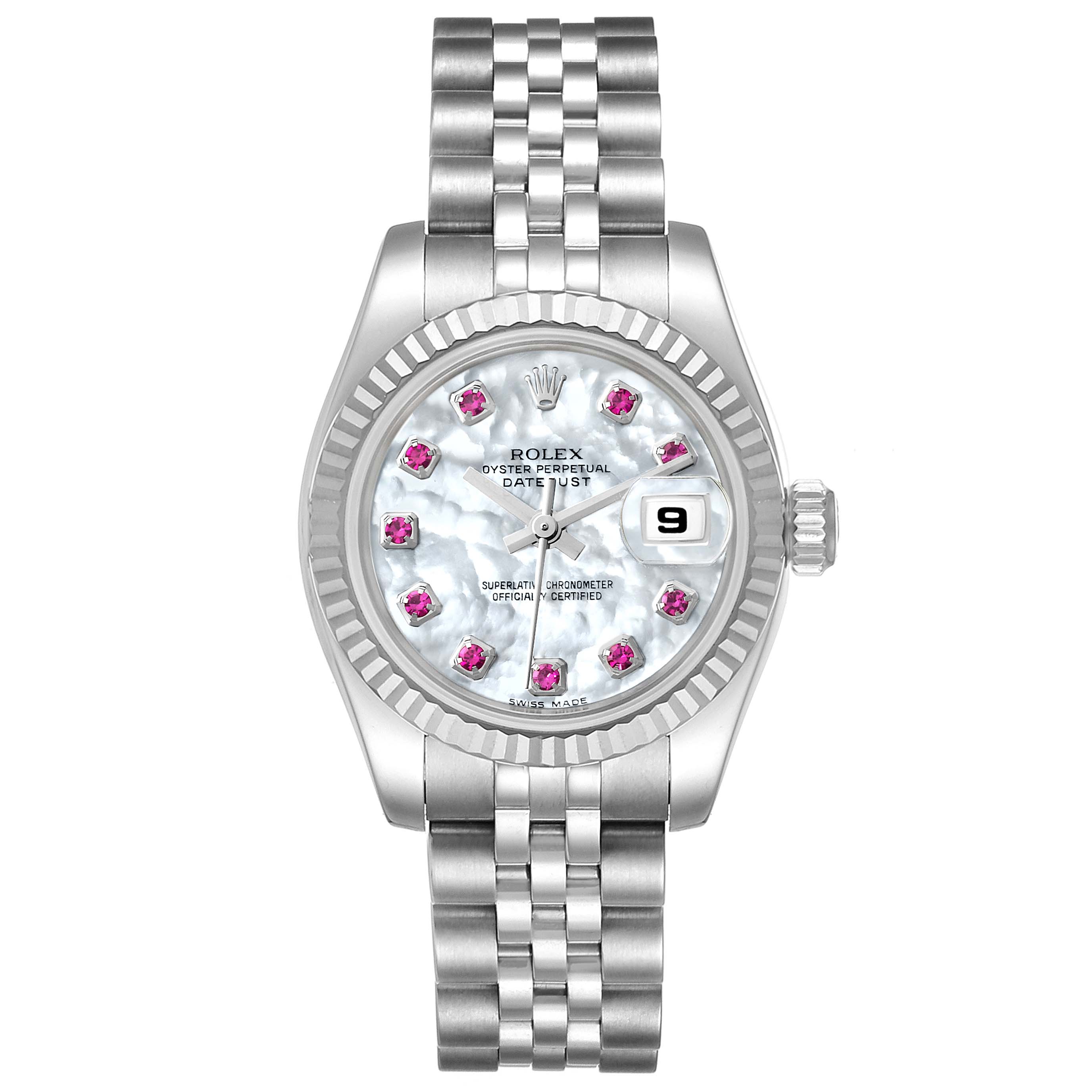 This is a front view of the Rolex Datejust 179174 Women's Stainless Steel Mother of Pearl Dial 179174 Women's Stainless Steel Mother of Pearl Dial watch, showing the dial, bracelet, and date window.