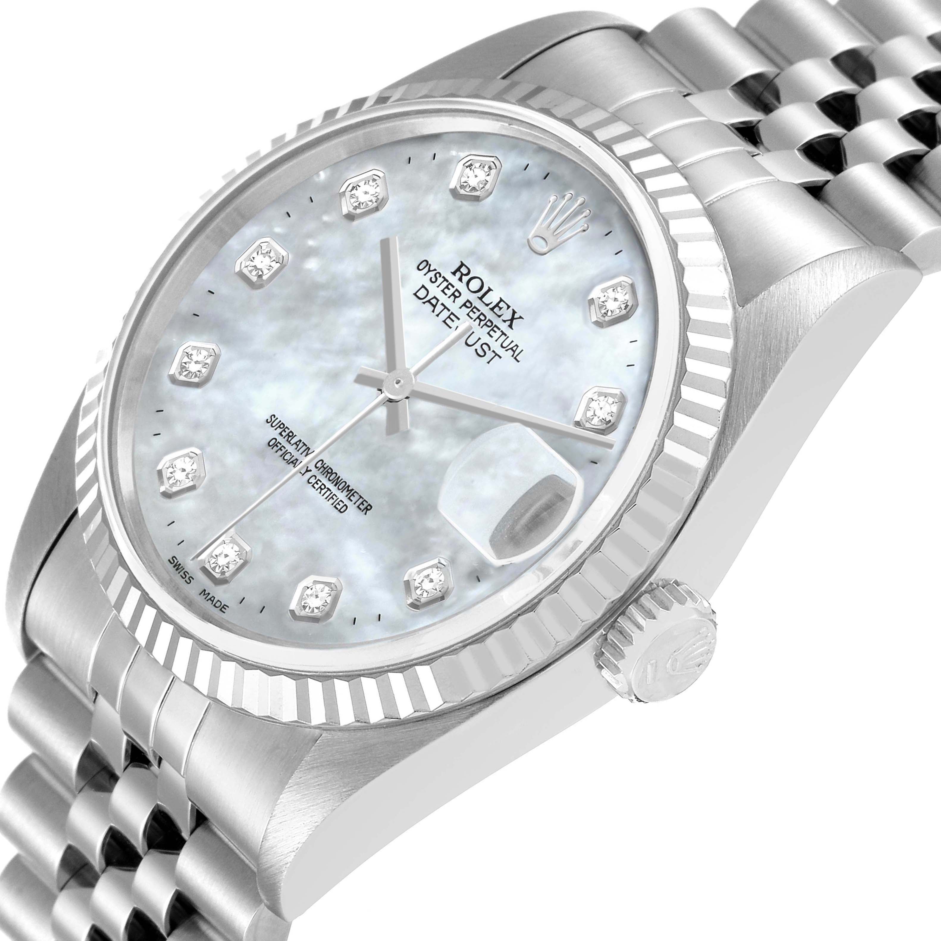 This image shows the face, bezel, and part of the bracelet of a Rolex Datejust 16234 Men's Stainless Steel Mother of Pearl Dial 16234 Men's Stainless Steel Mother of Pearl Dial watch taken from a three-quarter angle.