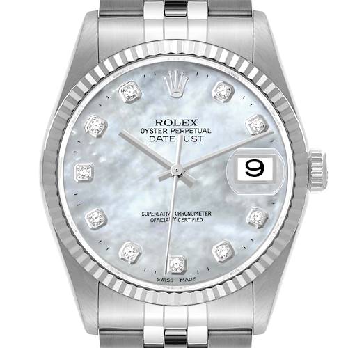 Photo of Rolex Datejust Steel White Gold Mother of Pearl Diamond Dial Mens Watch 16234