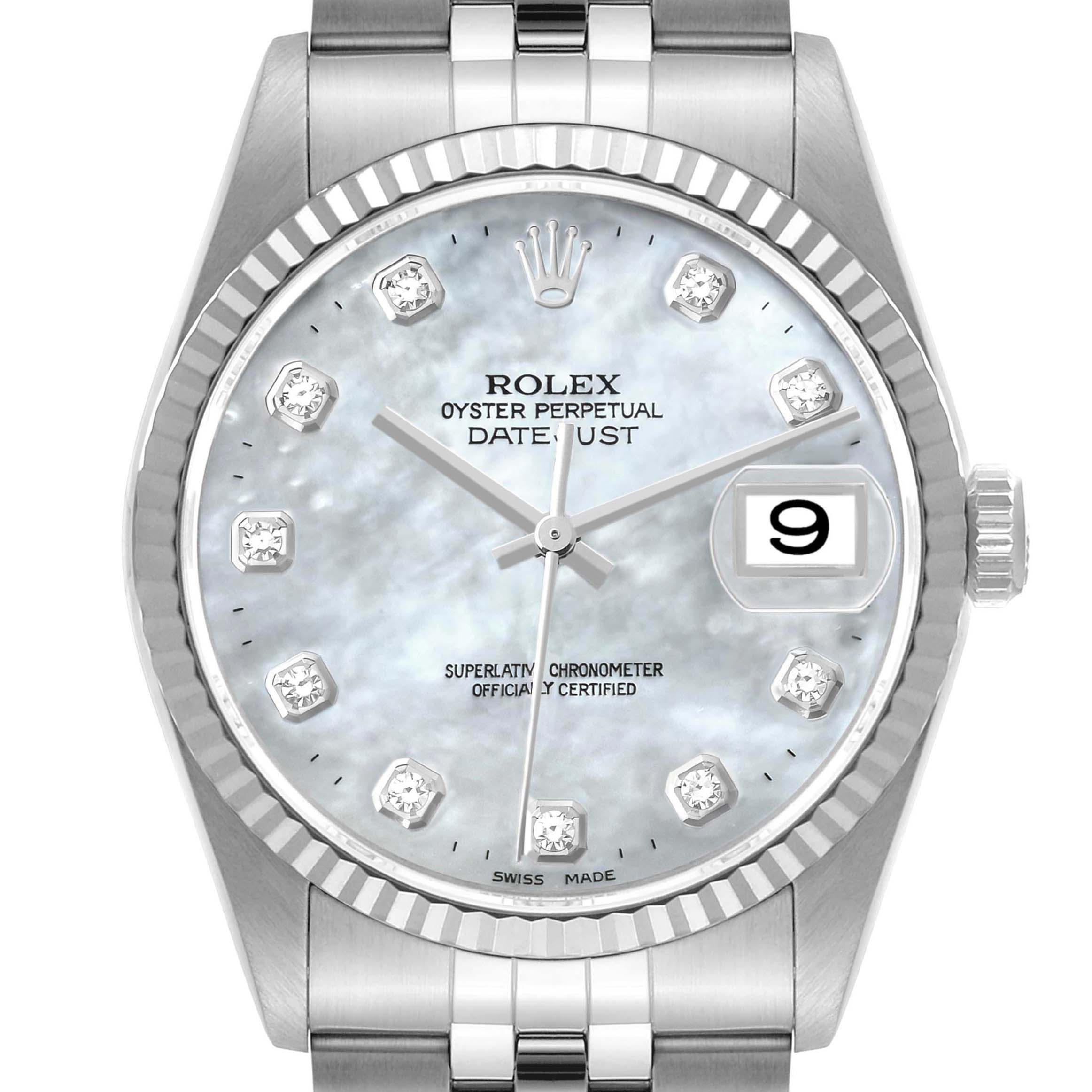 This image shows a frontal close-up of the Rolex Datejust 16234 Men's Stainless Steel Mother of Pearl Dial 16234 Men's Stainless Steel Mother of Pearl Dial watch, featuring its dial, bezel, and part of the bracelet.