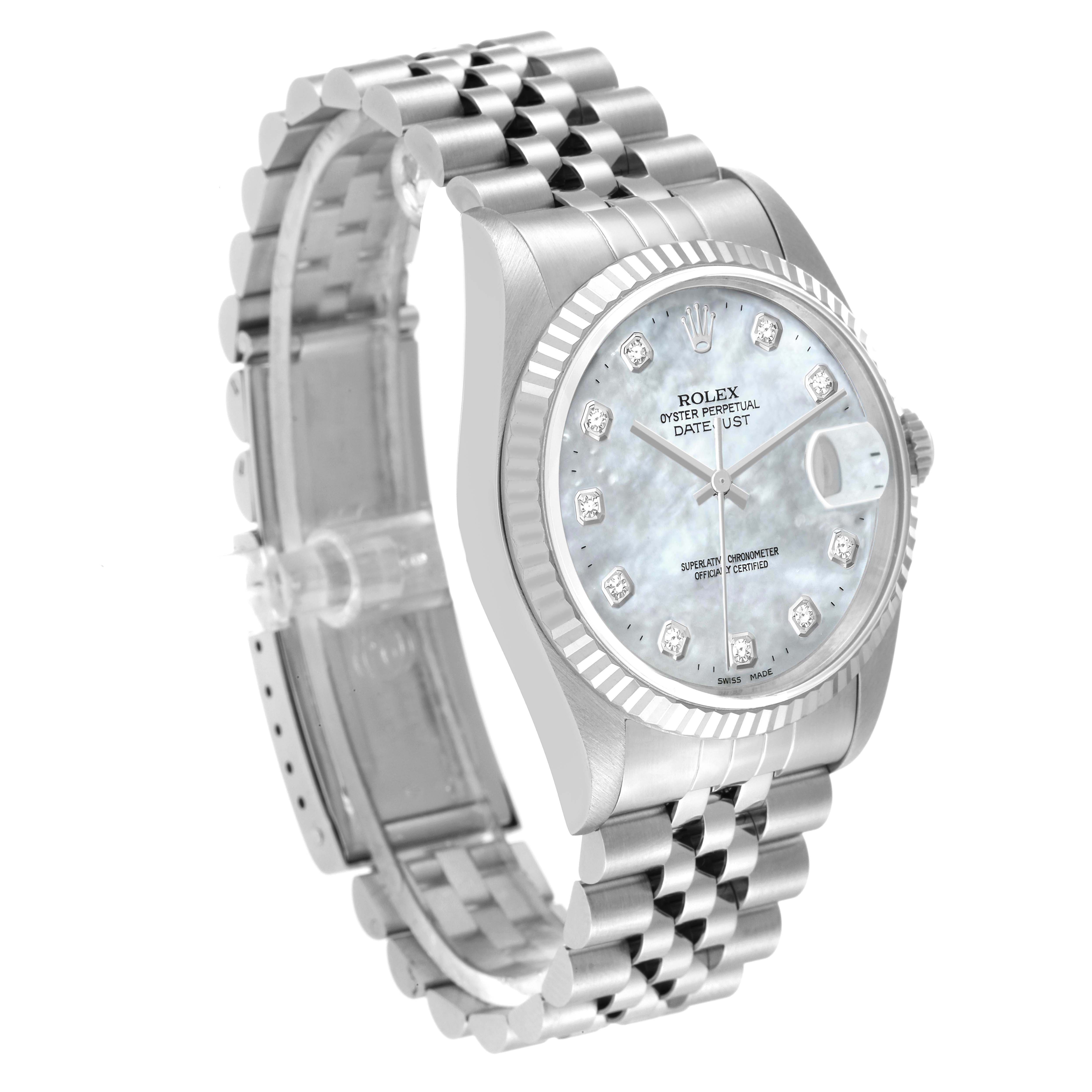 The image shows a Rolex Datejust 16234 Men's Stainless Steel Mother of Pearl Dial 16234 Men's Stainless Steel Mother of Pearl Dial watch angled from the front-left side, highlighting the dial, bezel, and bracelet.