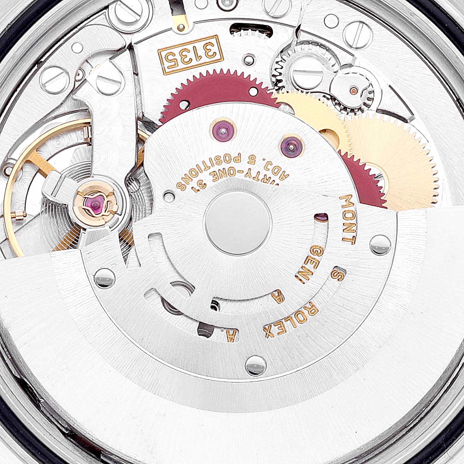 This is a close-up view of the movement mechanism inside a Rolex Datejust 16234 Men's Stainless Steel Mother of Pearl Dial 16234 Men's Stainless Steel Mother of Pearl Dial watch.
